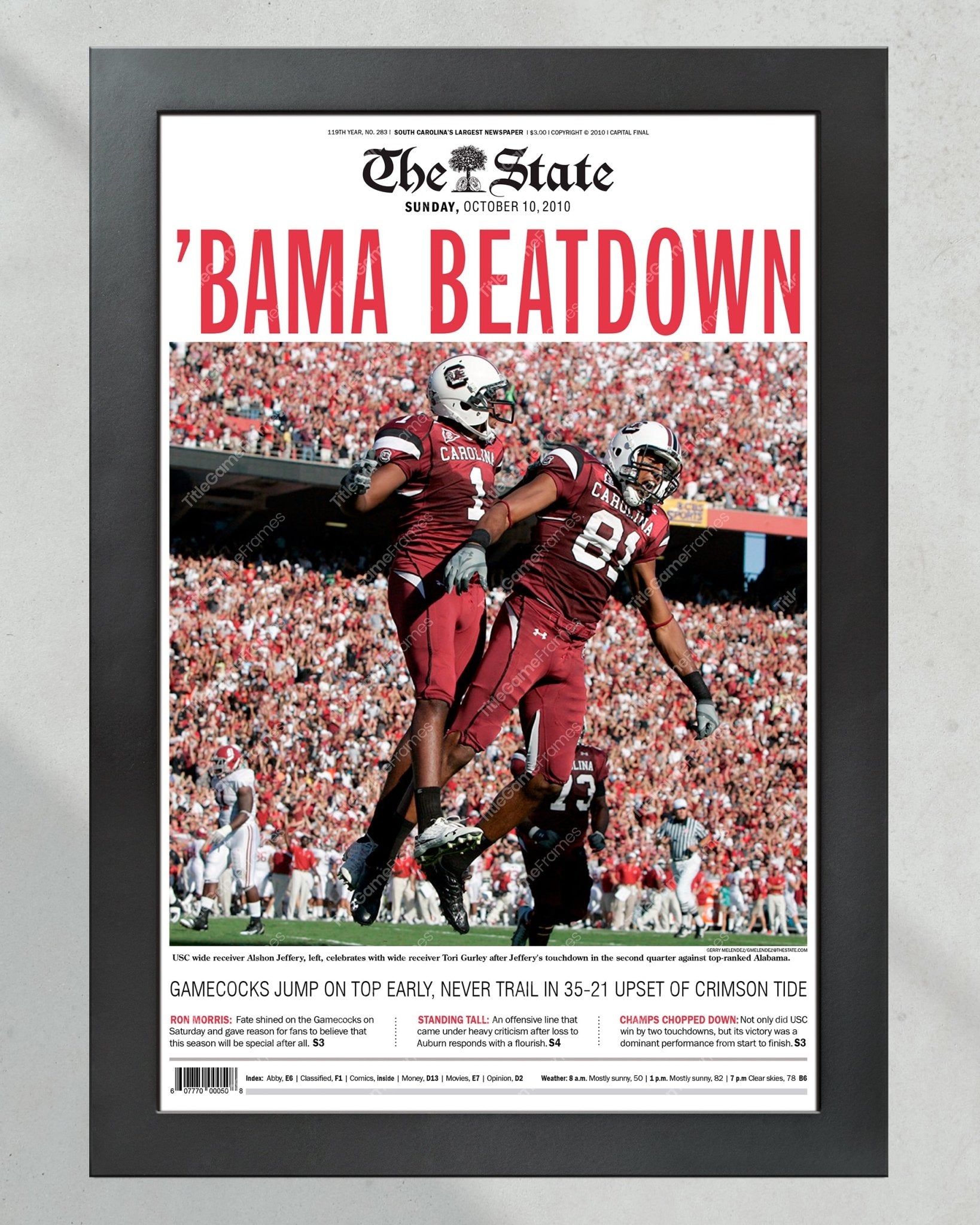 2010 South Carolina Gamecocks Upset Alabama 'BAMA BEATDOWN' Framed Front Page Newspaper Print - Title Game Frames