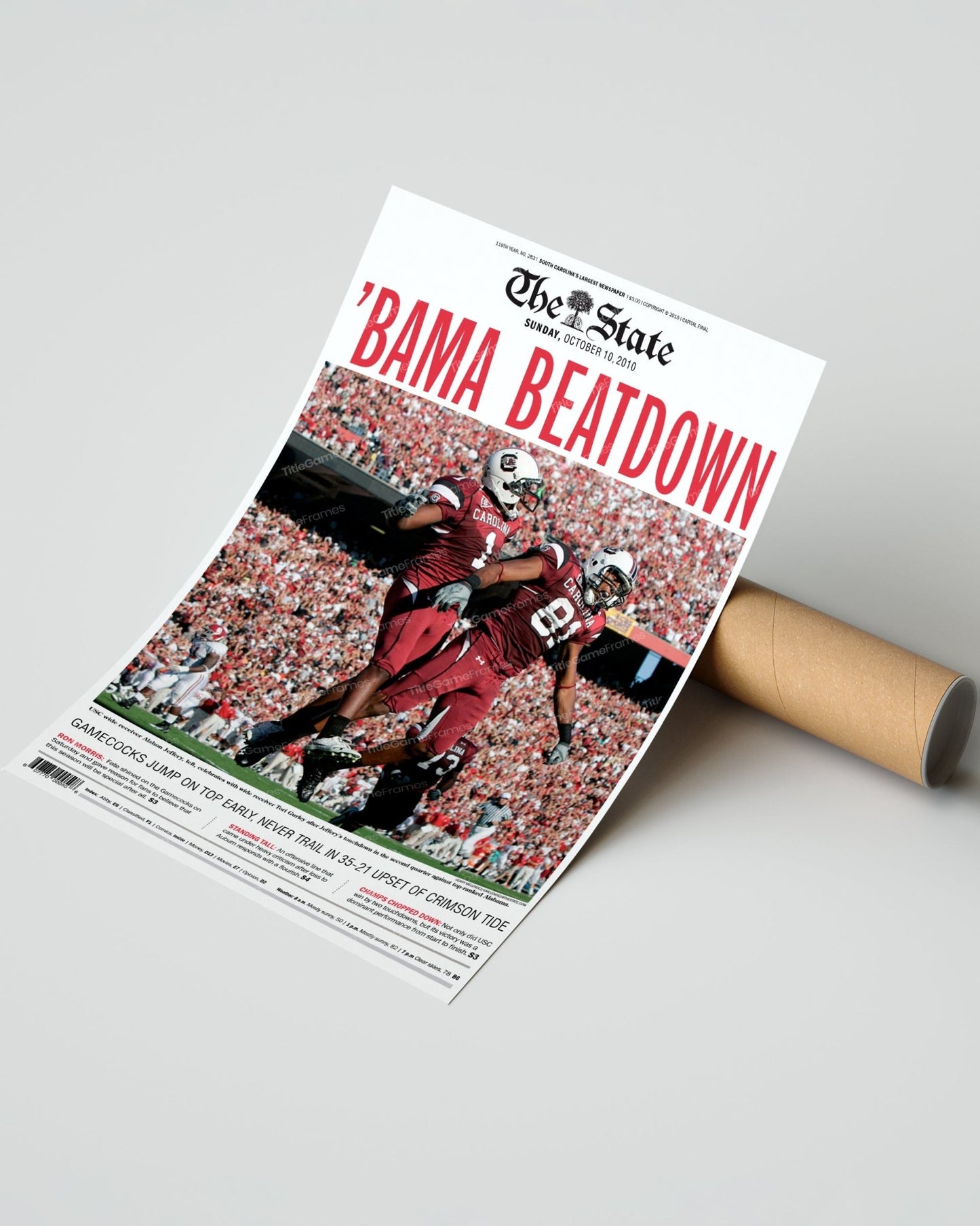 2010 South Carolina Gamecocks Upset Alabama 'BAMA BEATDOWN' Framed Front Page Newspaper Print - Title Game Frames