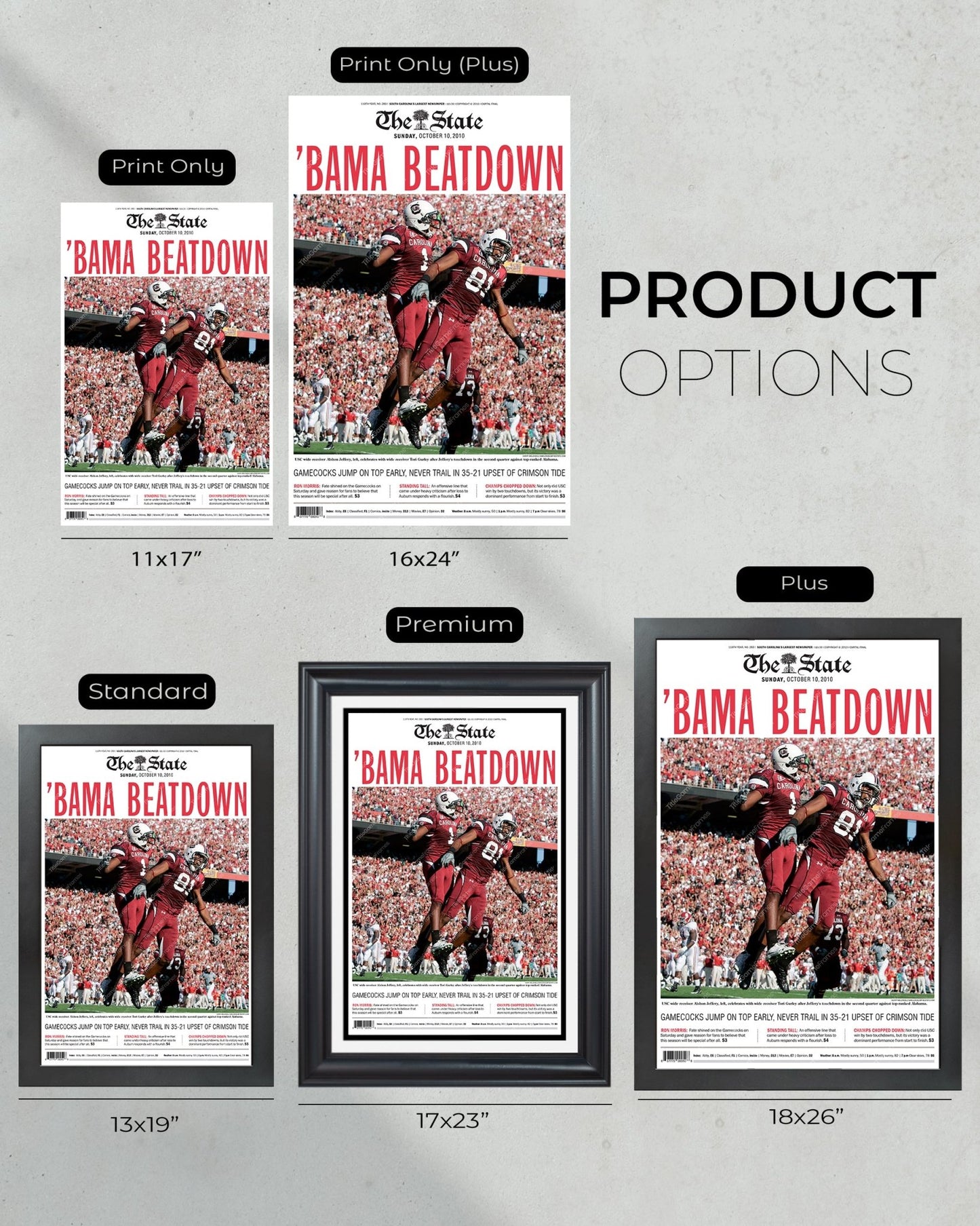 2010 South Carolina Gamecocks Upset Alabama 'BAMA BEATDOWN' Framed Front Page Newspaper Print - Title Game Frames