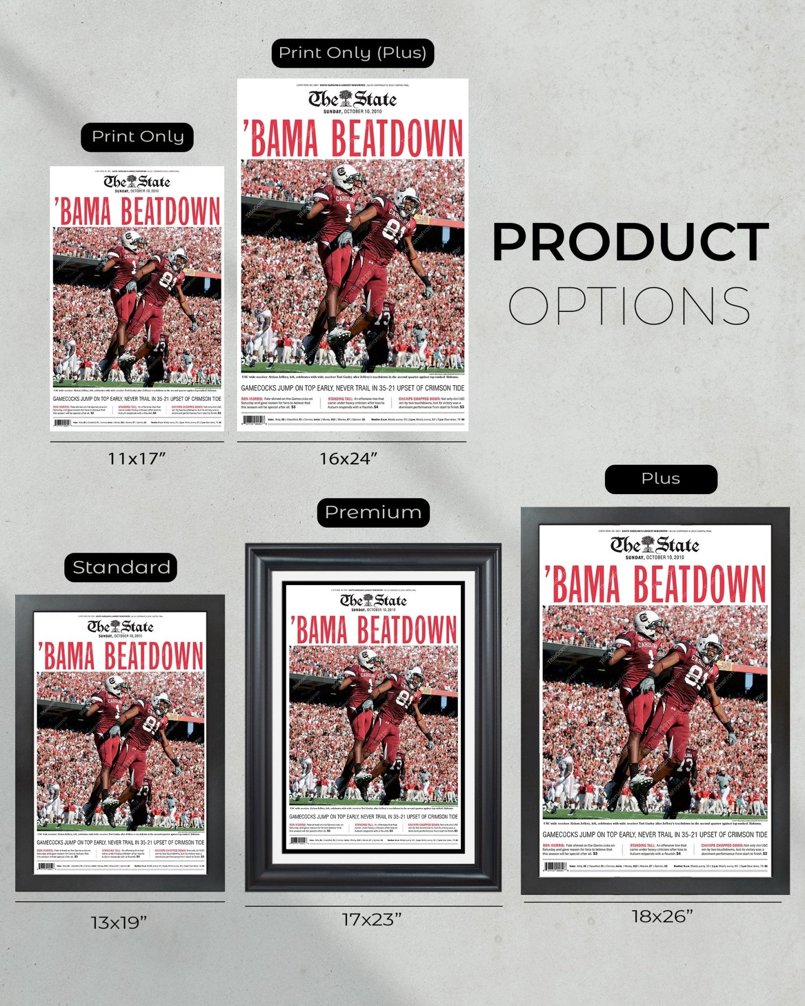 2010 South Carolina Gamecocks Upset Alabama 'BAMA BEATDOWN' Framed Front Page Newspaper Print - Title Game Frames