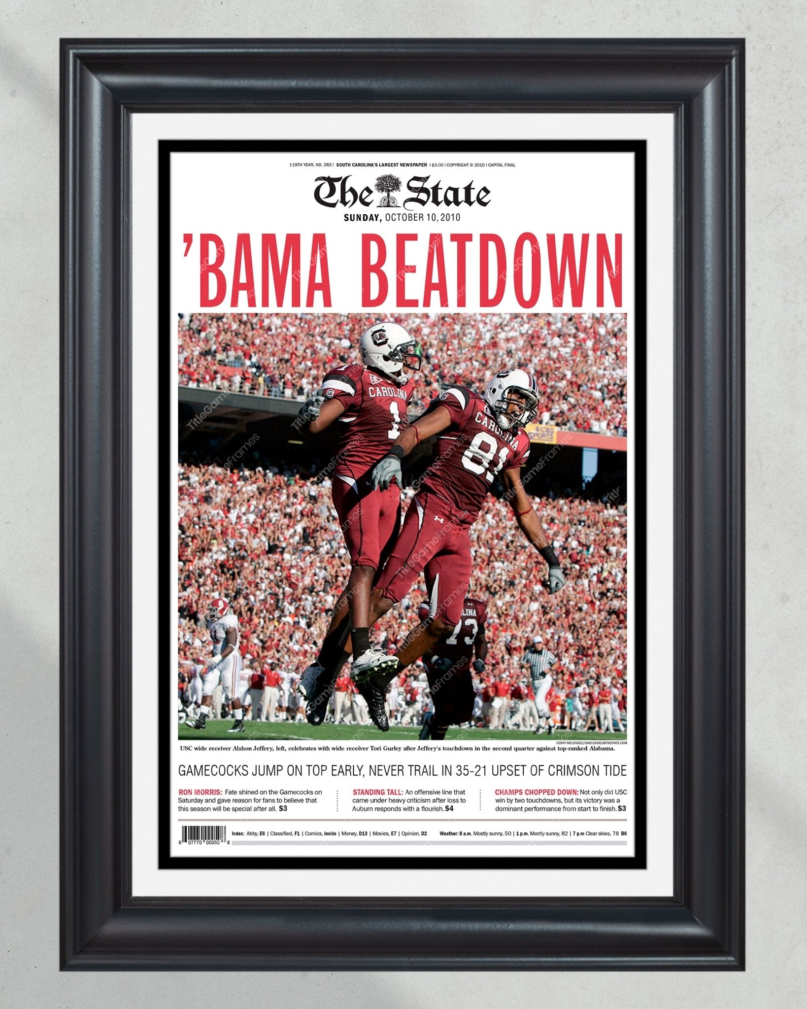 2010 South Carolina Gamecocks Upset Alabama 'BAMA BEATDOWN' Framed Front Page Newspaper Print - Title Game Frames