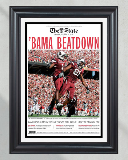 2010 South Carolina Gamecocks Upset Alabama 'BAMA BEATDOWN' Framed Front Page Newspaper Print - Title Game Frames