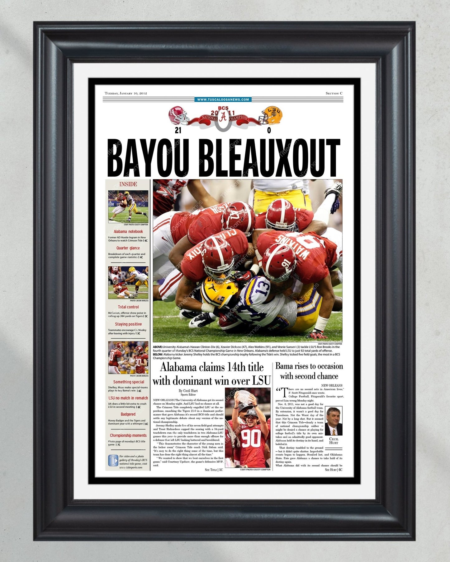 2011 Alabama Crimson Tide NCAA College Football National Champions Framed Front Page Newspaper Print - Title Game Frames