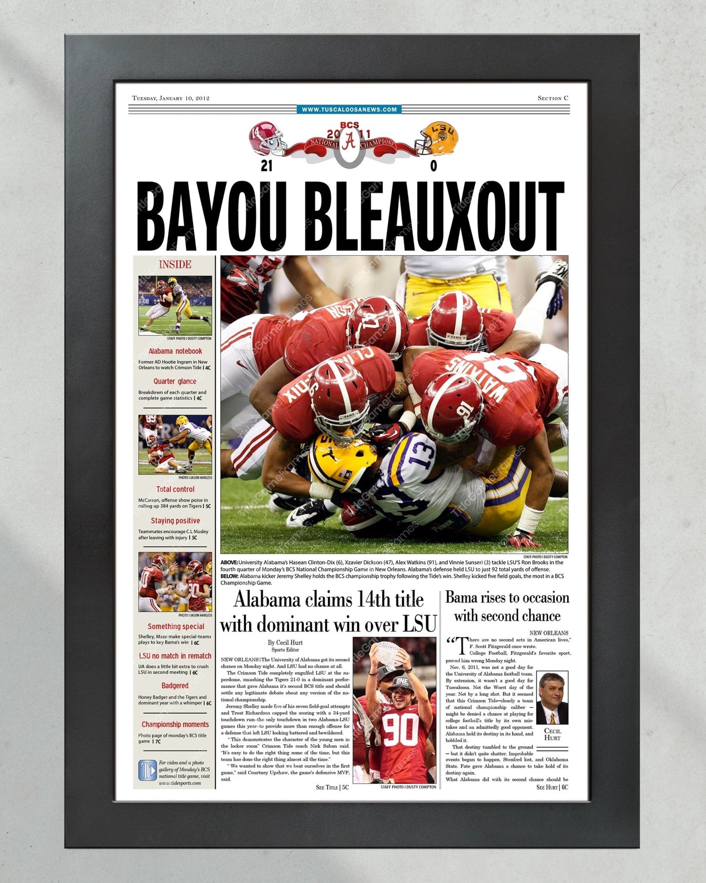 2011 Alabama Crimson Tide NCAA College Football National Champions Framed Front Page Newspaper Print - Title Game Frames