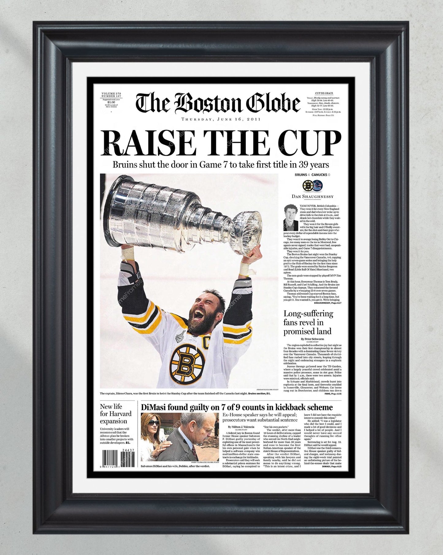 2011 Boston Bruins Stanley Cup Boston Globe Framed Newspaper Cover Print Boston Garden - Title Game Frames