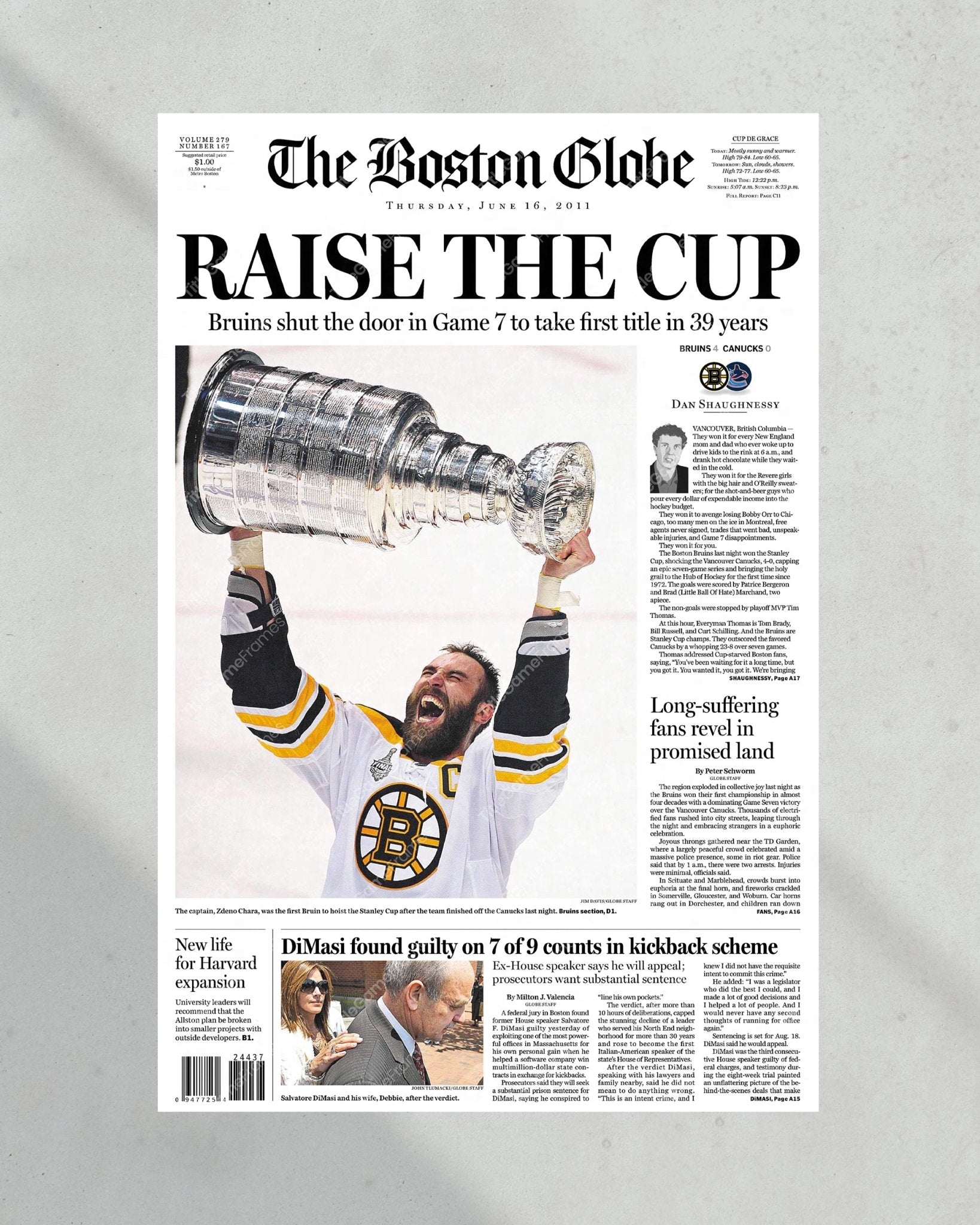 2011 Boston Bruins Stanley Cup Boston Globe Framed Newspaper Cover Print Boston Garden - Title Game Frames