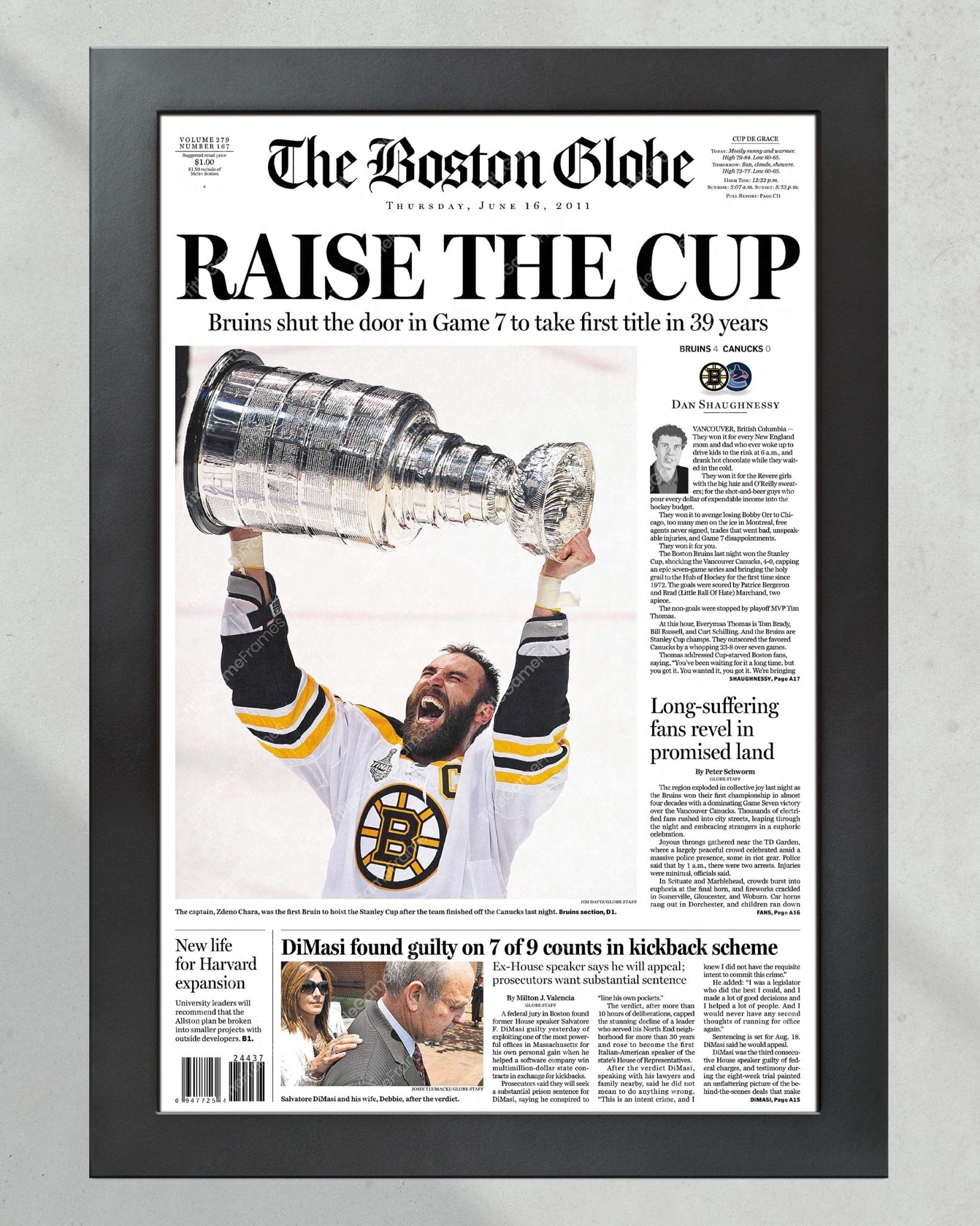 2011 Boston Bruins Stanley Cup Boston Globe Framed Newspaper Cover Print Boston Garden - Title Game Frames