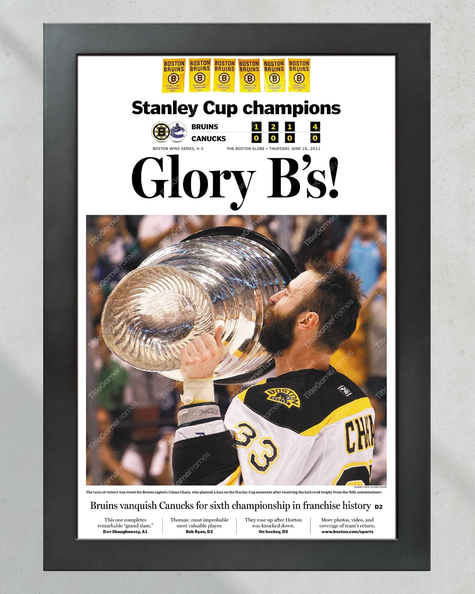 2011 Boston Bruins Stanley Cup Champion Framed Front Page Newspaper Print Boston Garden - Title Game Frames