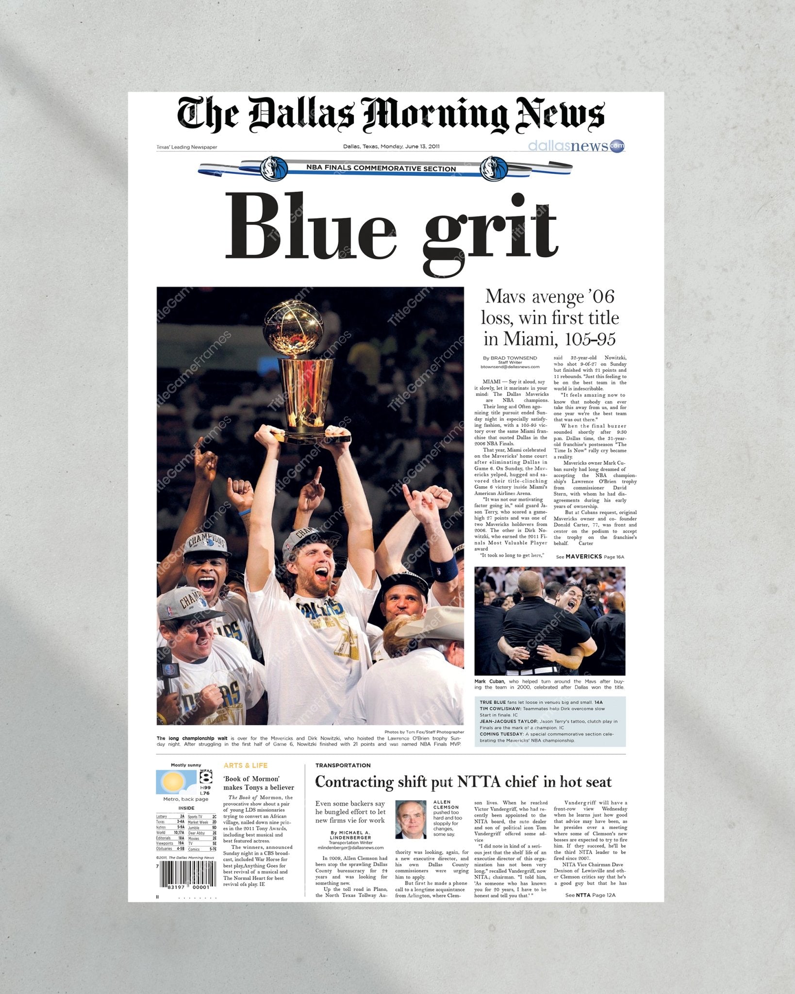 2011 Dallas Mavericks NBA Basketball Championship 'Blue grit' Framed Newspaper - Title Game Frames