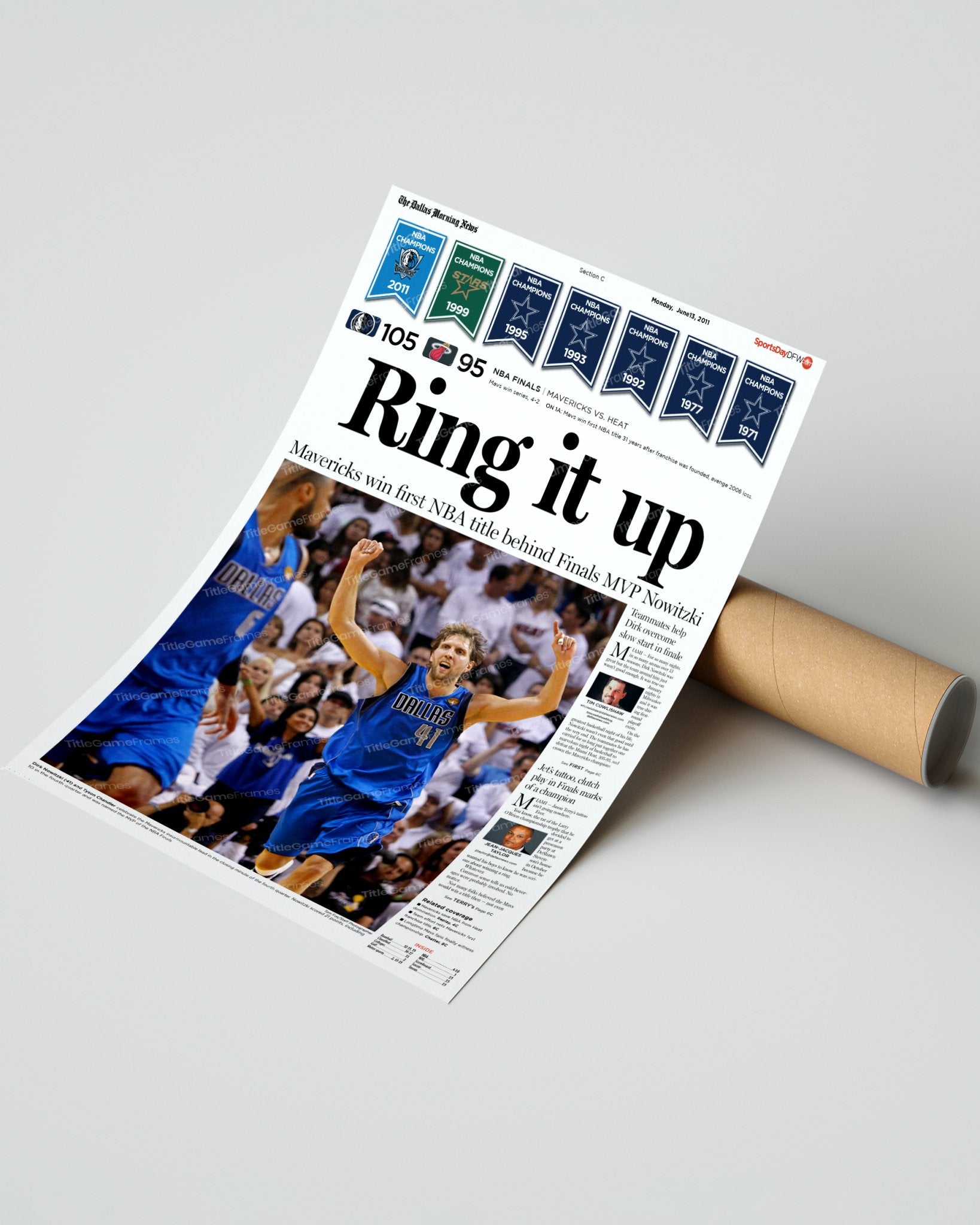 2011 Dallas Mavericks NBA Champions 'Ring it up' Framed Front Page Newspaper - Title Game Frames