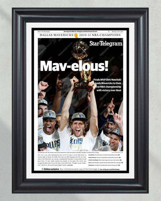 2011 Dallas Mavericks NBA Finals Champions Framed Newspaper - Mav-elous! - Title Game Frames
