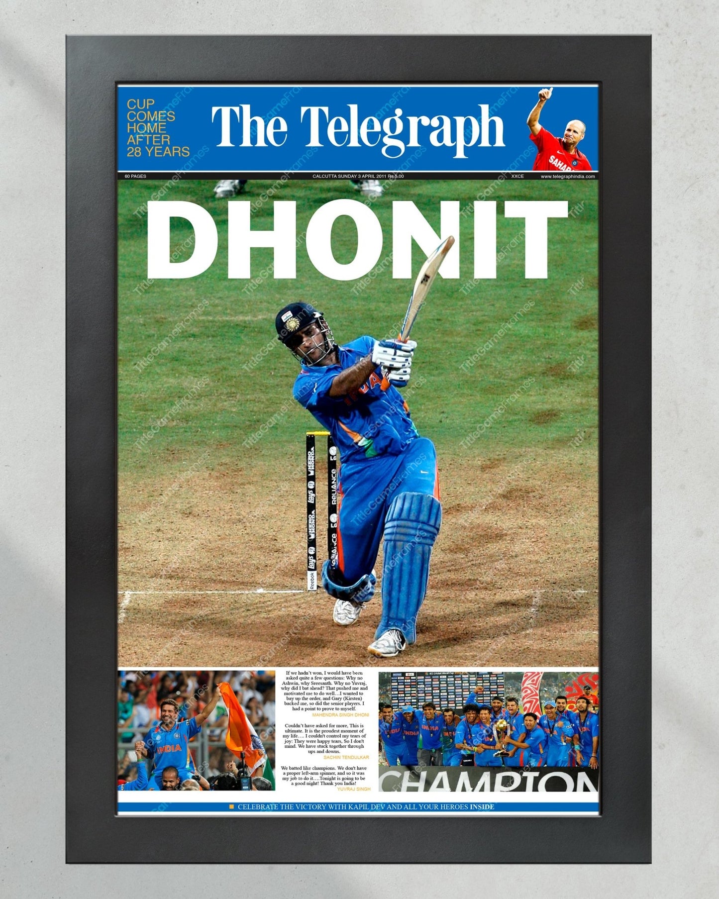 2011 India World Cup Cricket Champions Framed Front Page Newspaper Print Dhoni - Title Game Frames