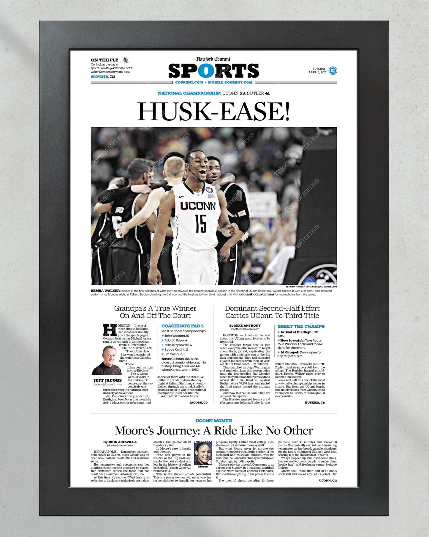 2011 UConn Huskies NCAA College Basketball Champions 'HUSK-EASE!' Framed Newspaper - Title Game Frames
