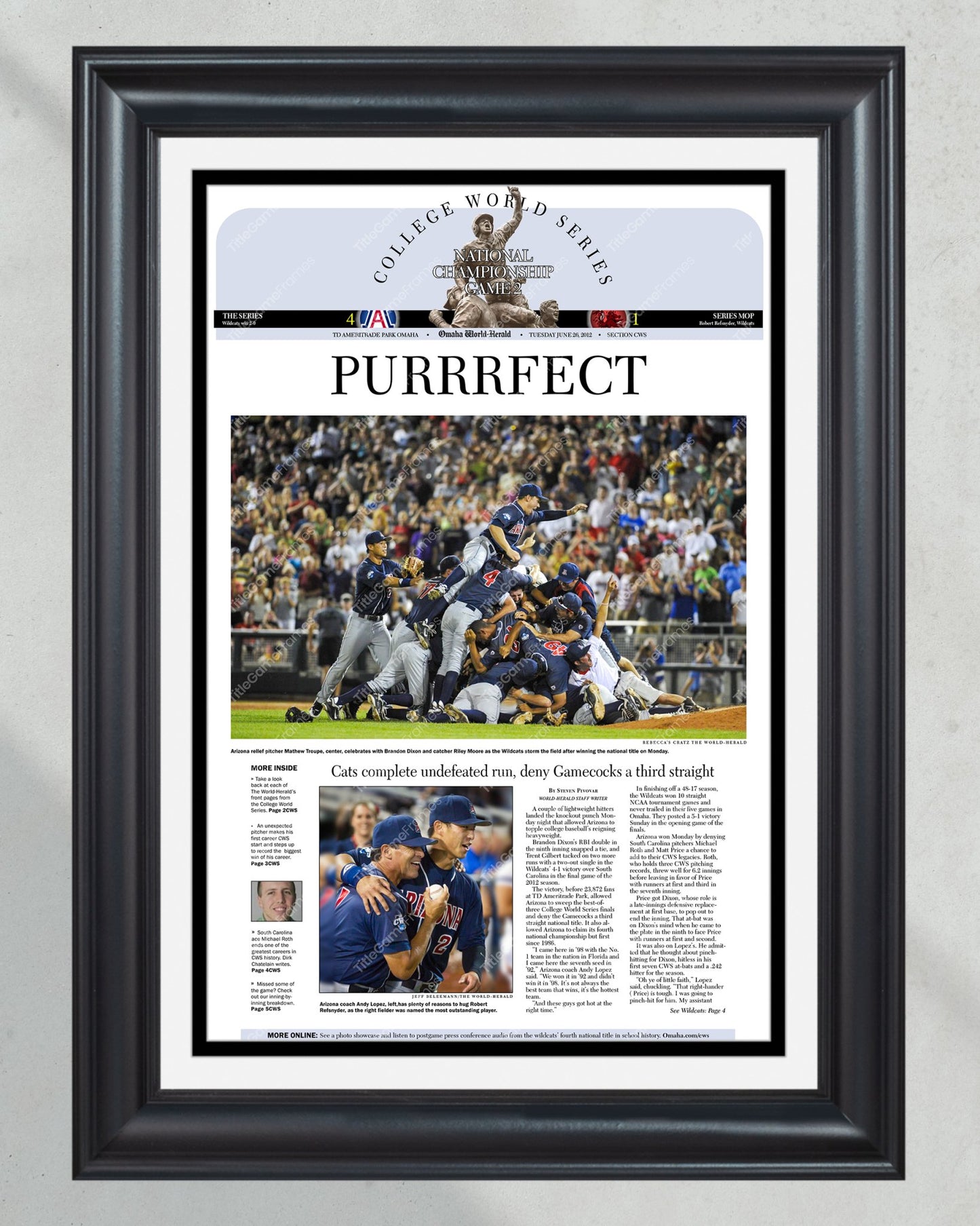 2012 Arizona Wildcats CWS Champions: 'PURRRFECT' Victory Framed Newspaper - Title Game Frames