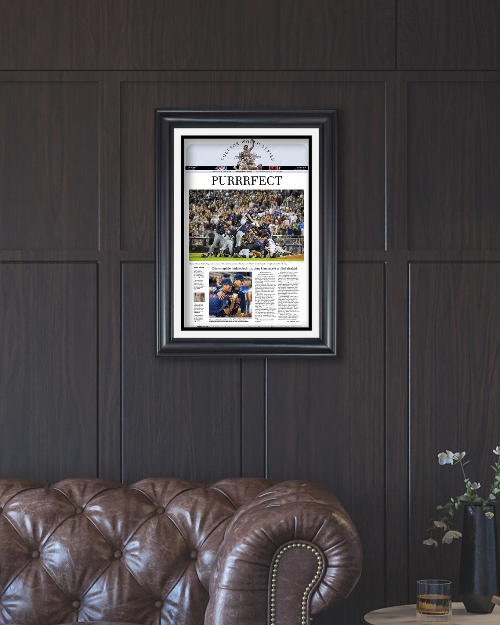 2012 Arizona Wildcats CWS Champions: 'PURRRFECT' Victory Framed Newspaper - Title Game Frames