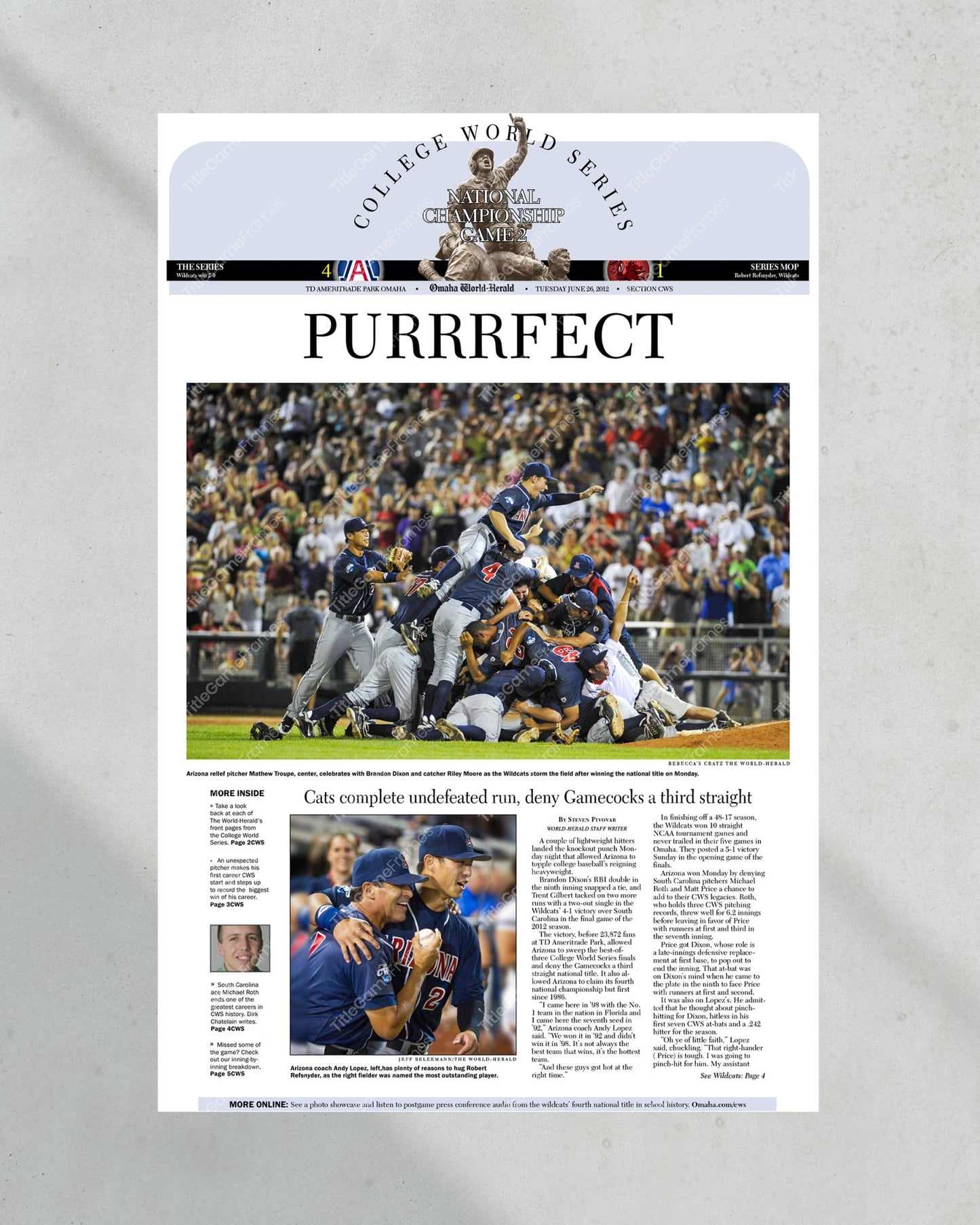 2012 Arizona Wildcats CWS Champions: 'PURRRFECT' Victory Framed Newspaper - Title Game Frames