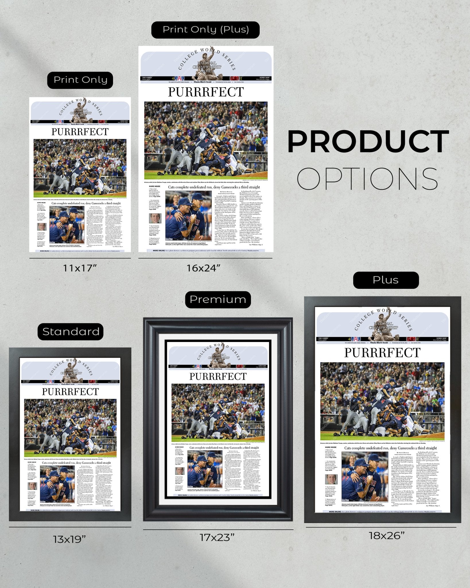 2012 Arizona Wildcats CWS Champions: 'PURRRFECT' Victory Framed Newspaper - Title Game Frames