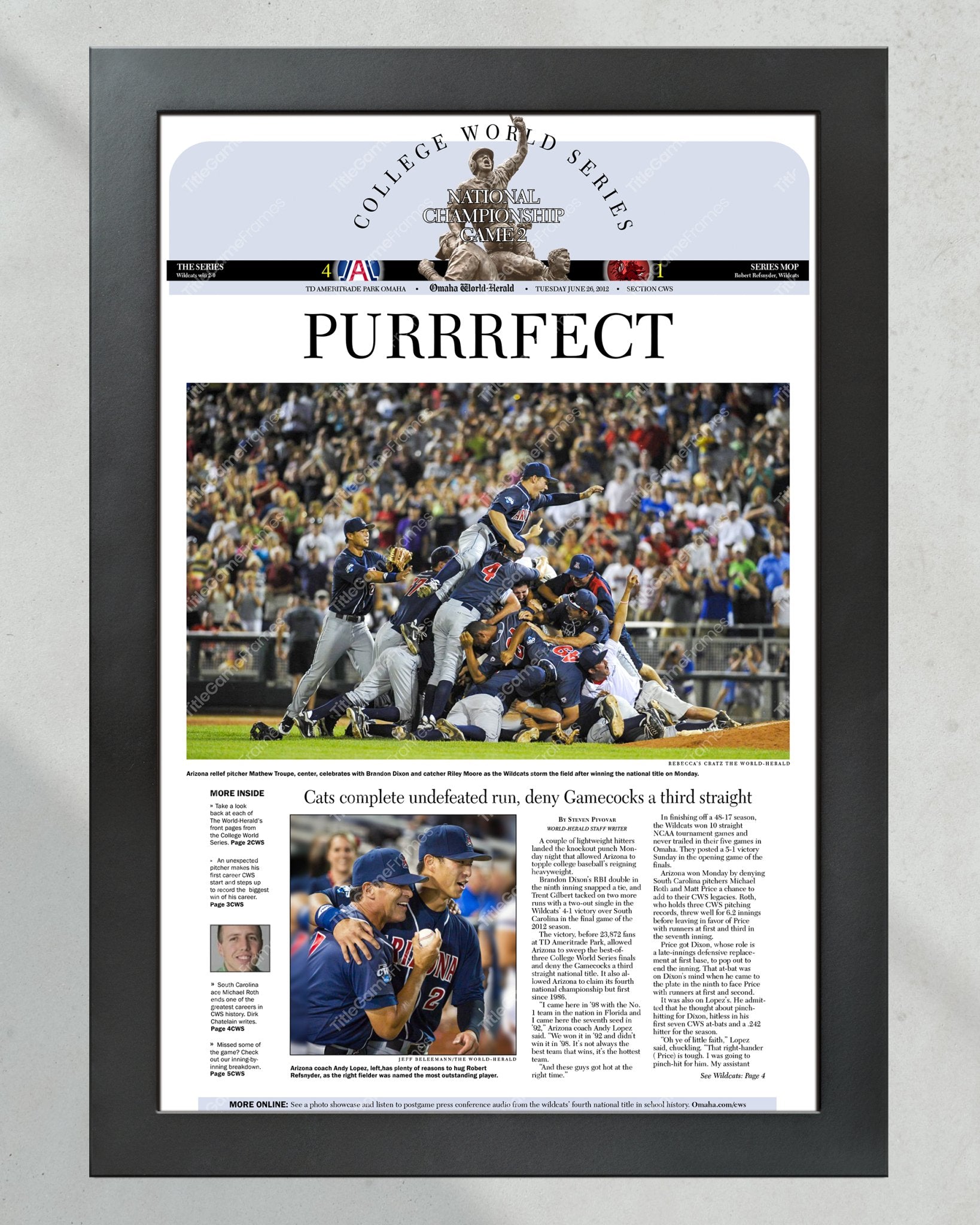 2012 Arizona Wildcats CWS Champions: 'PURRRFECT' Victory Framed Newspaper - Title Game Frames