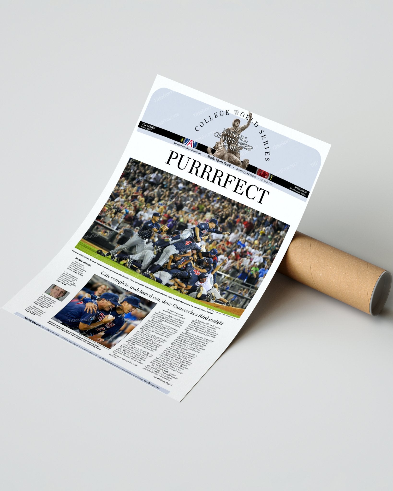 2012 Arizona Wildcats CWS Champions: 'PURRRFECT' Victory Framed Newspaper - Title Game Frames