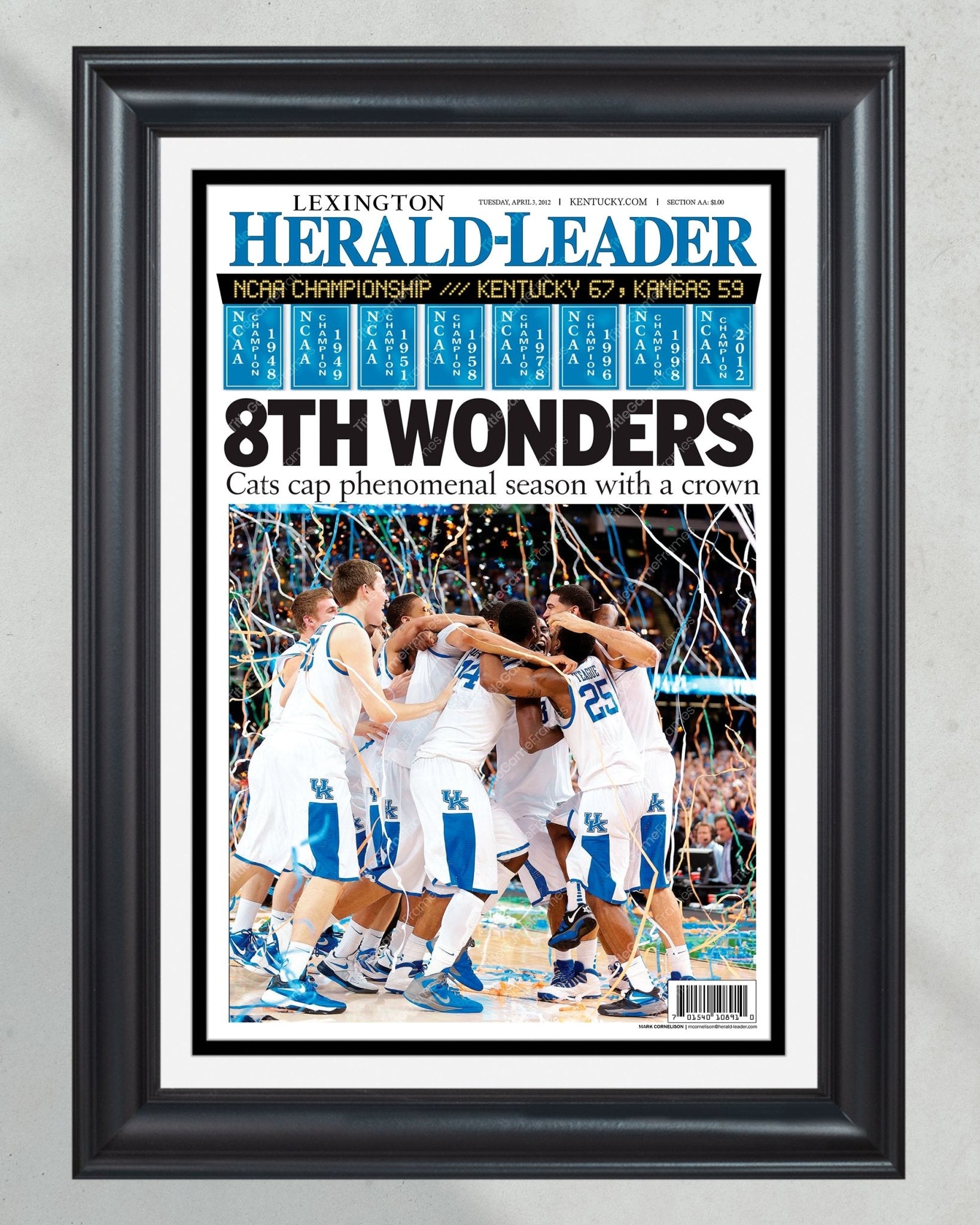 2012 Kentucky Wildcats "8th Wonder" NCAA College Basketball Champions Framed Front Page Newspaper Print - Title Game Frames