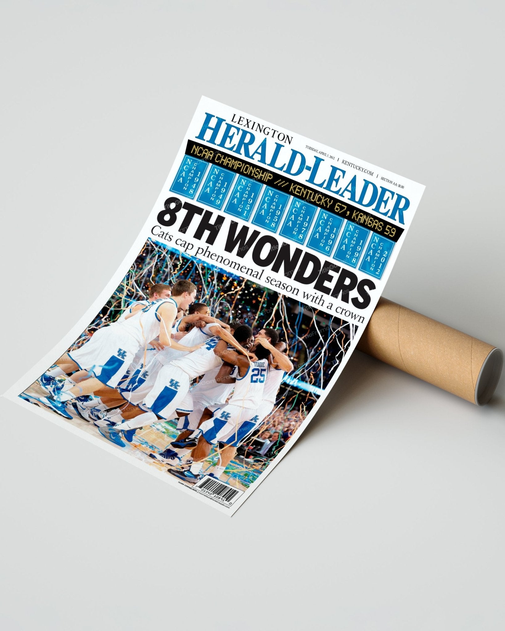 2012 Kentucky Wildcats "8th Wonder" NCAA College Basketball Champions Framed Front Page Newspaper Print - Title Game Frames