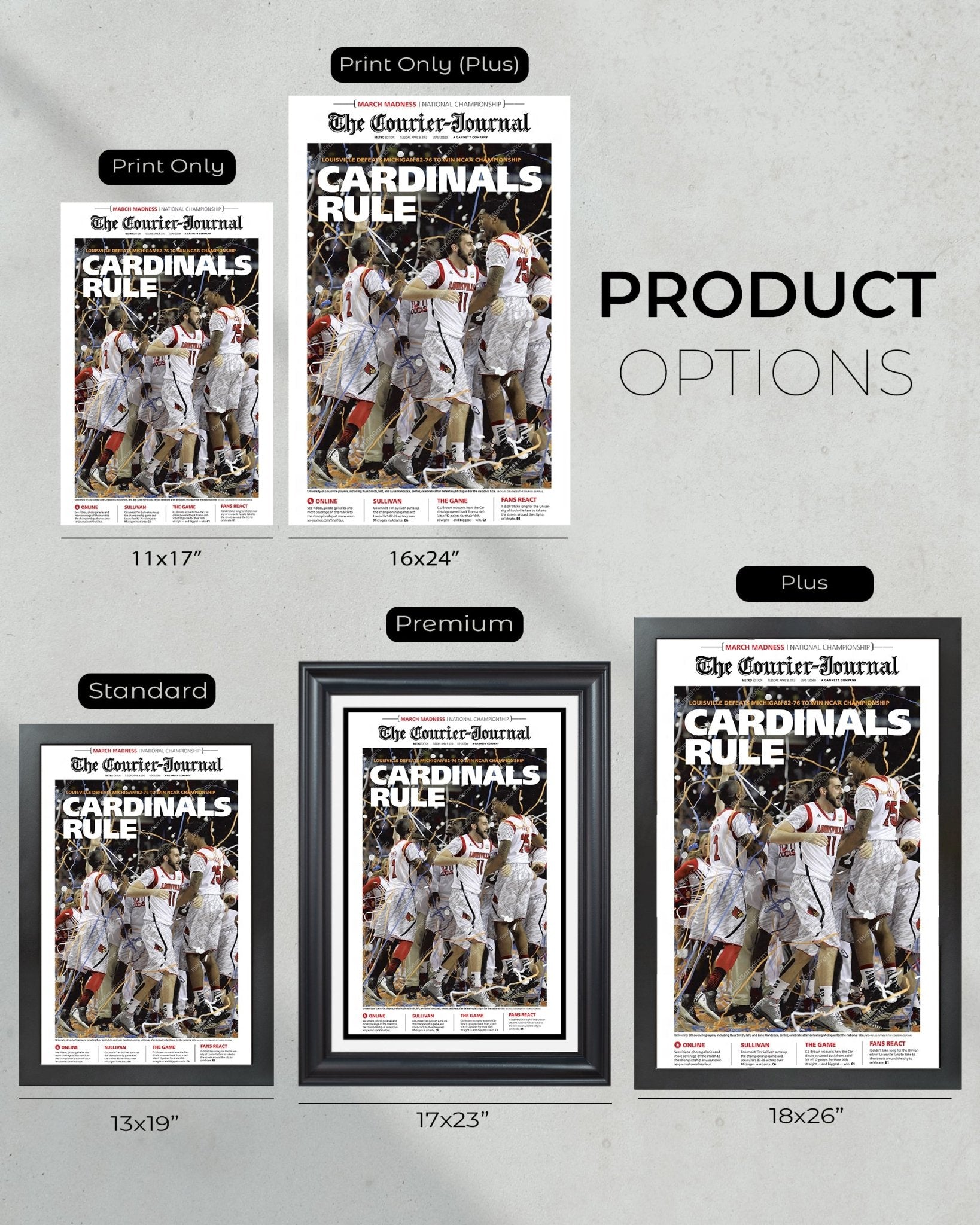 2013 Louisville Cardinals NCAA College Men’s Basketball Champions Framed Front Page Newspaper Print - Title Game Frames