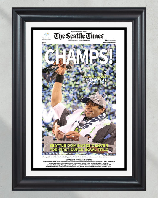 2014 Seattle Seahawks Super Bowl XLVIII Framed Front Page Newspaper Print - Title Game Frames