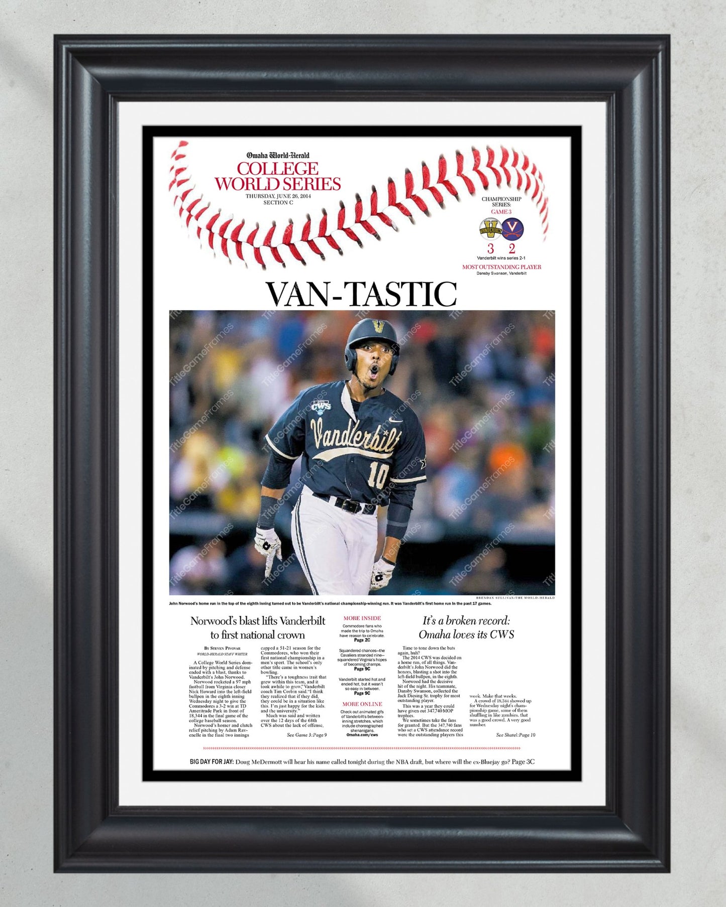 2014 Vanderbilt Commodores' Historic NCAA World Series Victory Framed Newspaper Print - Title Game Frames