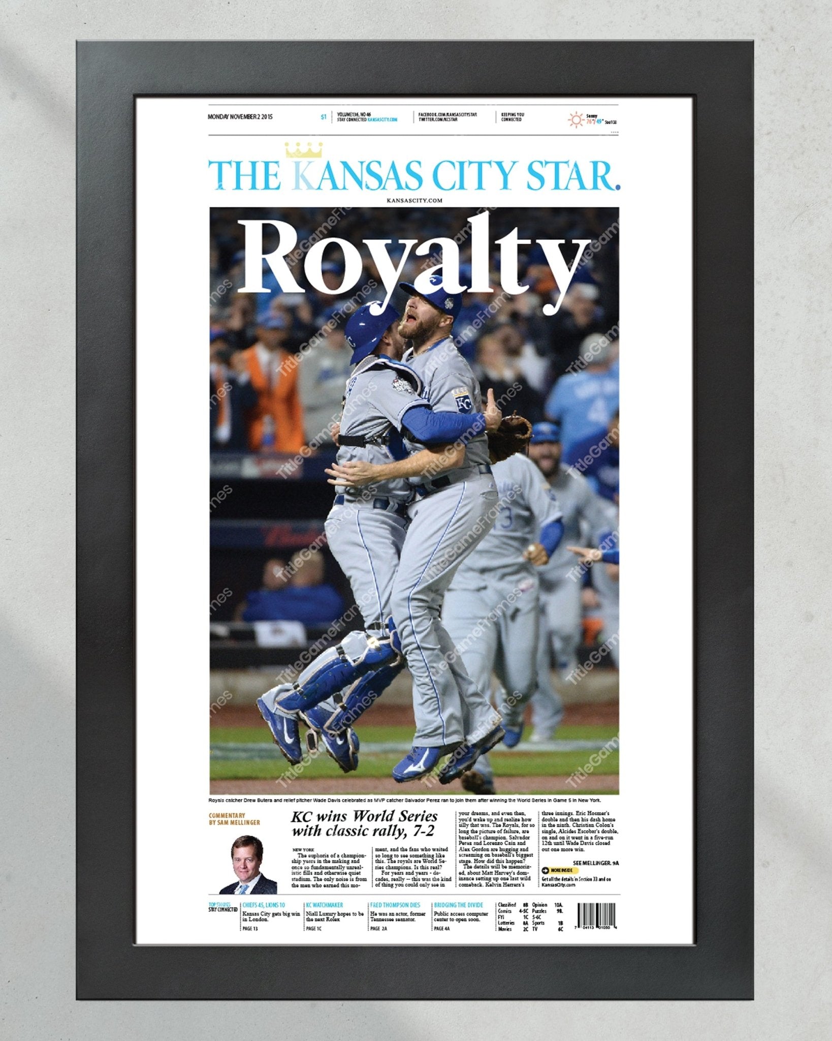 2015 Kansas City Royals World Series championship High Quality Framed Newspaper Print Kauffman Stadium - Title Game Frames