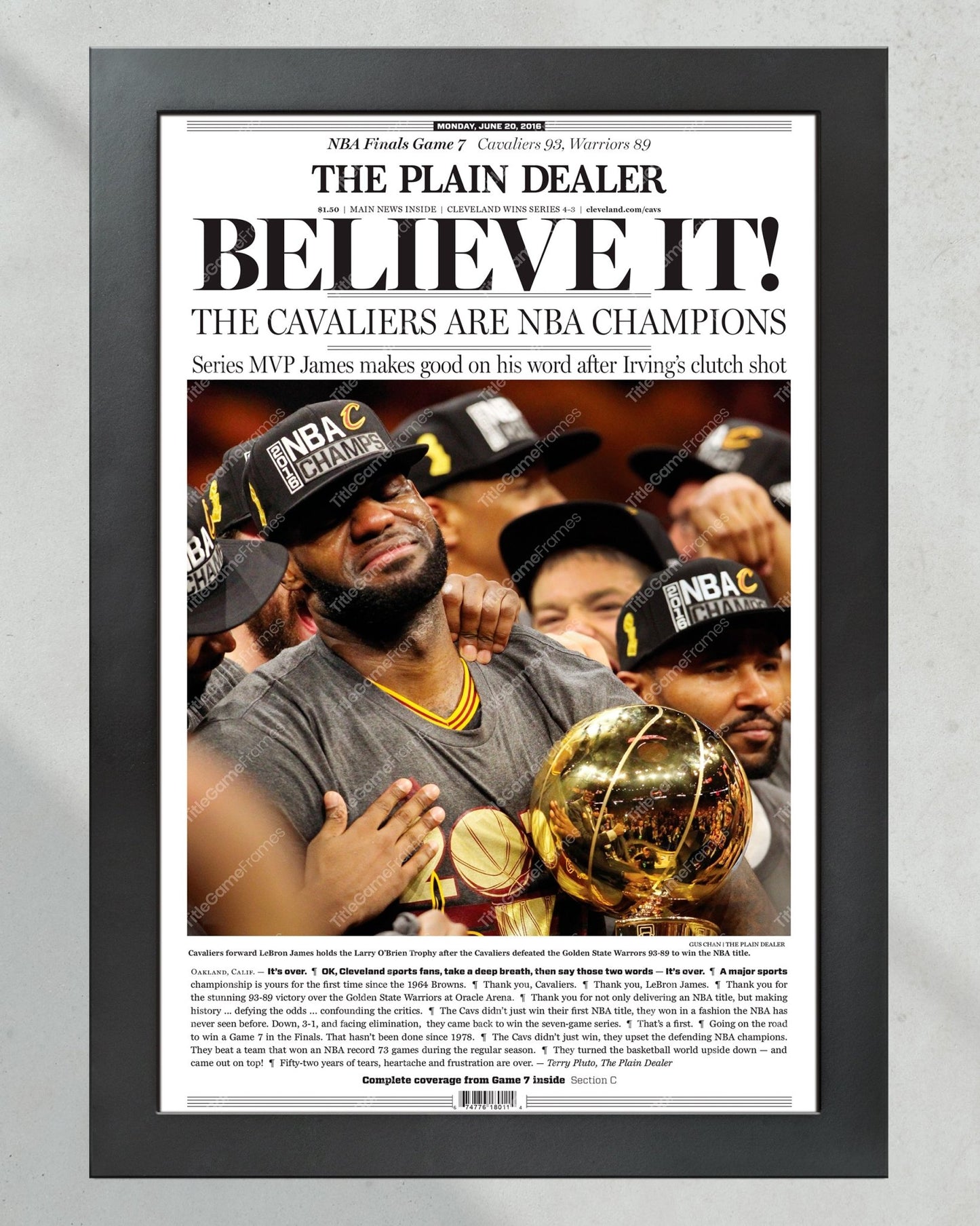 2016 Cleveland Cavaliers Cavs NBA Champions 'BELIEVE IT!' Framed Newspaper - Lebron James - Title Game Frames