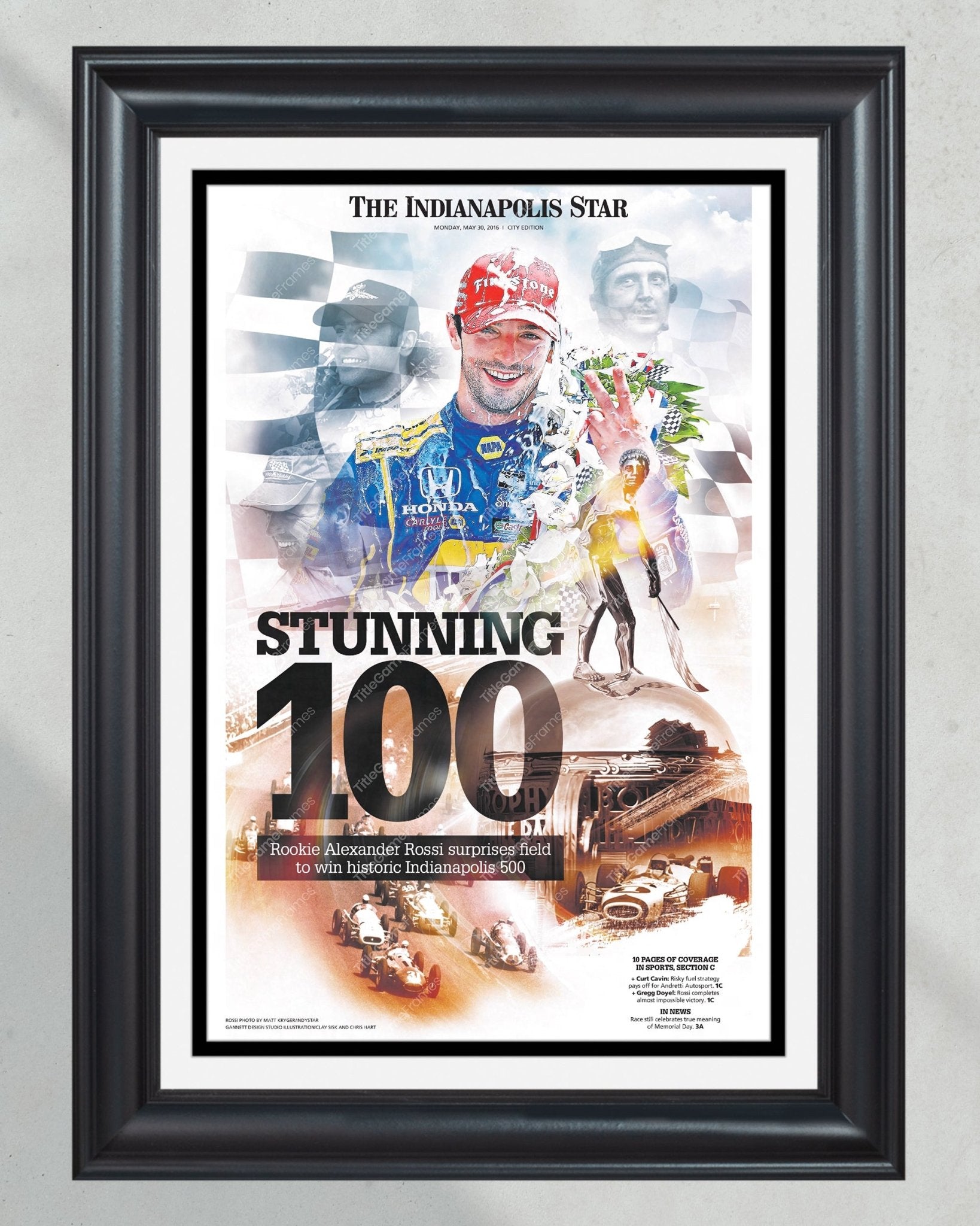 2016 Indy 500 100th Anniversary Edition Framed Front Page Newspaper Print - Title Game Frames