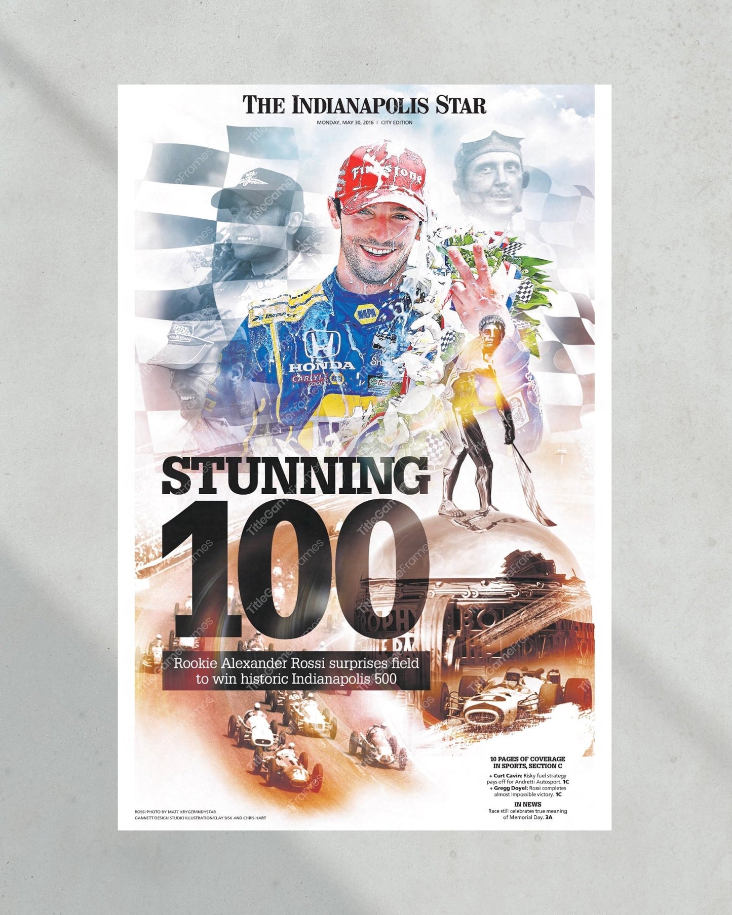 2016 Indy 500 100th Anniversary Edition Framed Front Page Newspaper Print - Title Game Frames