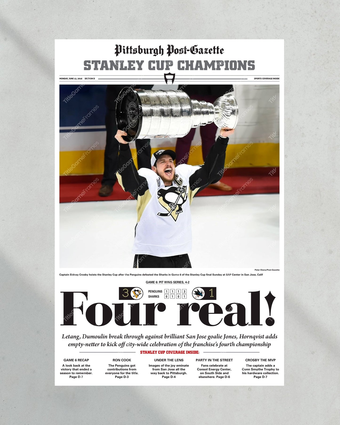 2016 Pittsburgh Penguins Stanley Cup Champions Framed Newspaper Cover Print Sidney Crosby - Title Game Frames