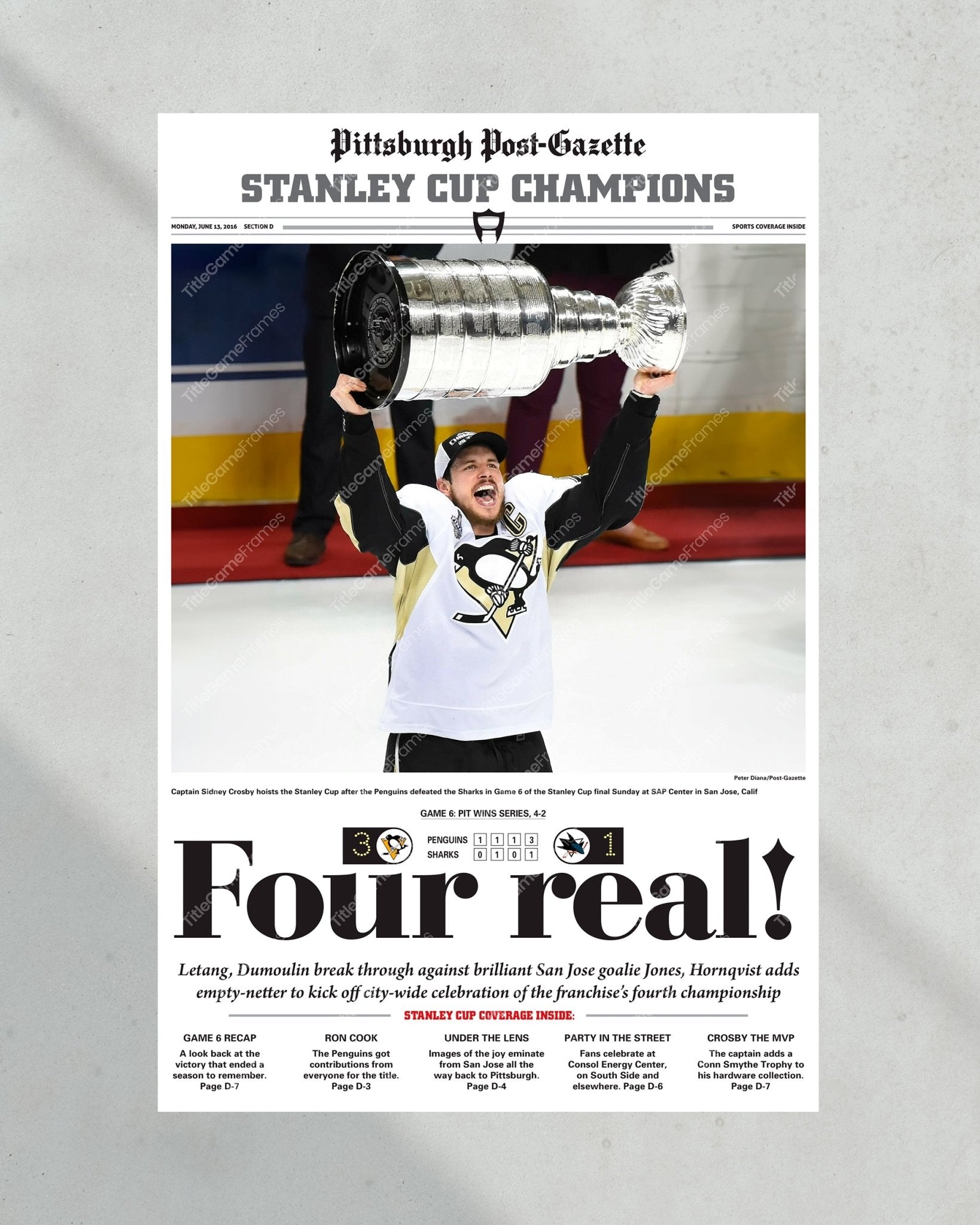 2016 Pittsburgh Penguins Stanley Cup Champions Framed Newspaper Cover Print Sidney Crosby - Title Game Frames