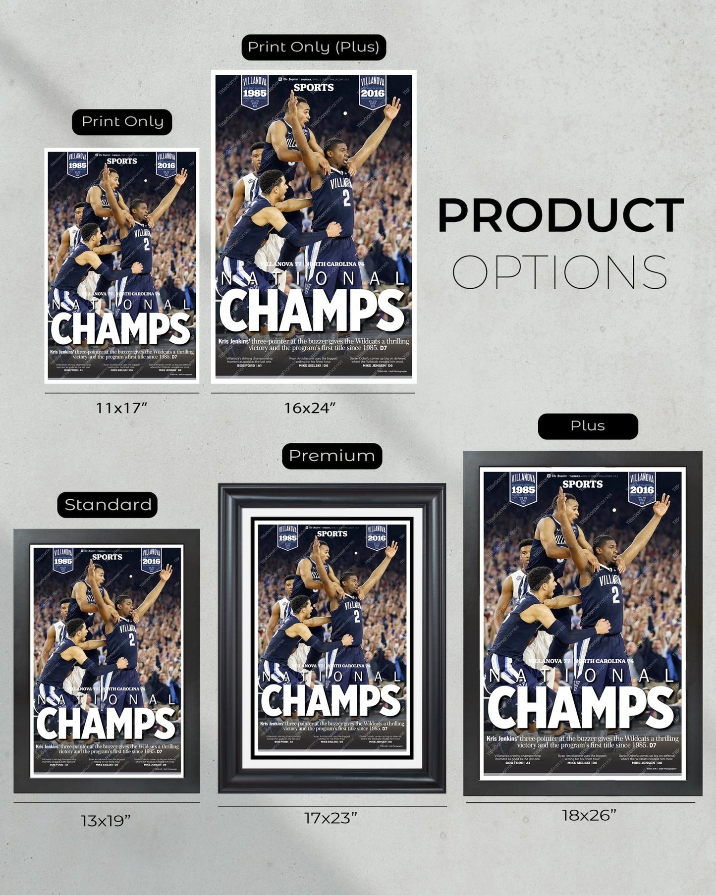 2016 Villanova Wildcats NCAA College Basketball Champions Framed Front Page Newspaper Print - Title Game Frames