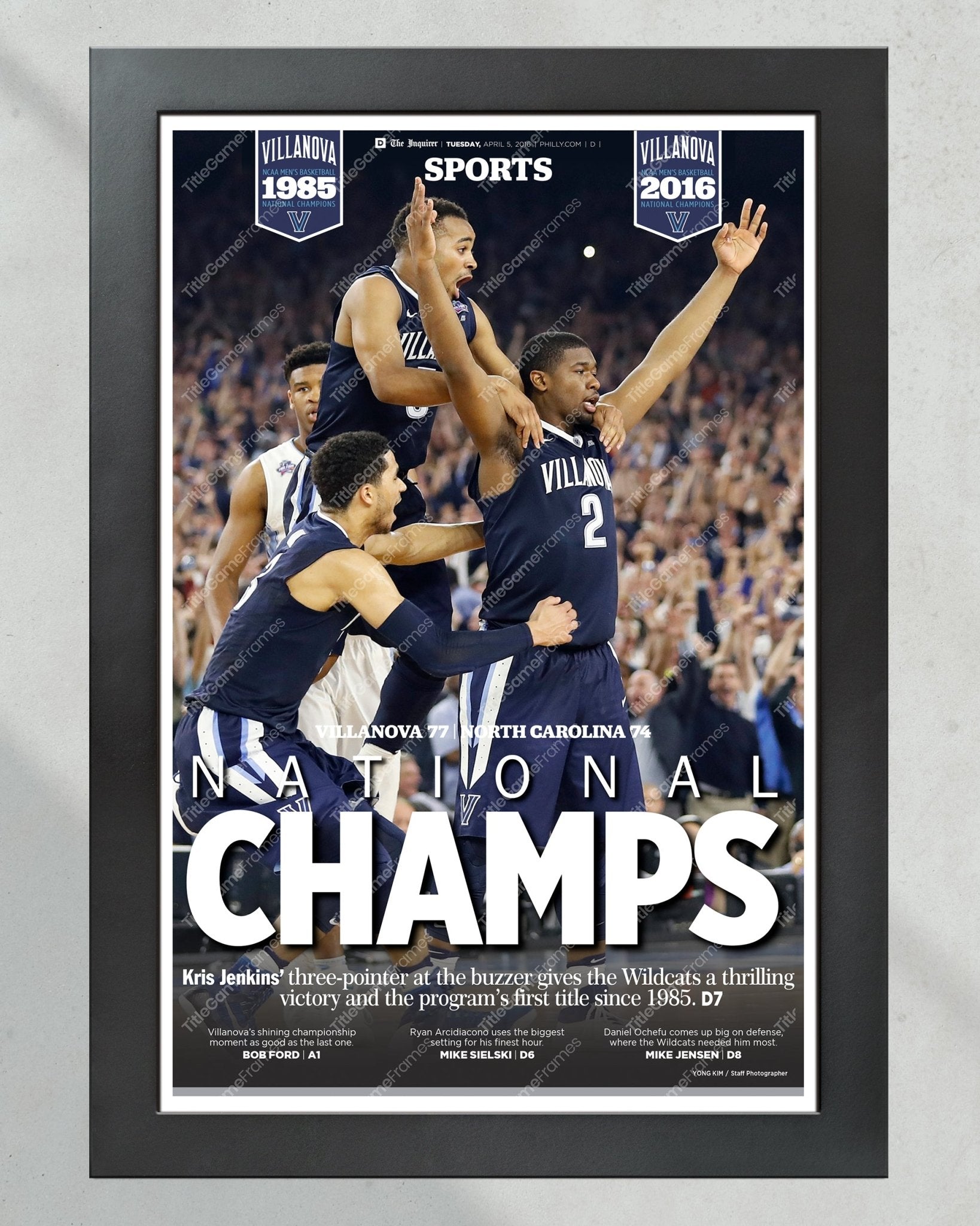 2016 Villanova Wildcats NCAA College Basketball Champions Framed Front Page Newspaper Print - Title Game Frames