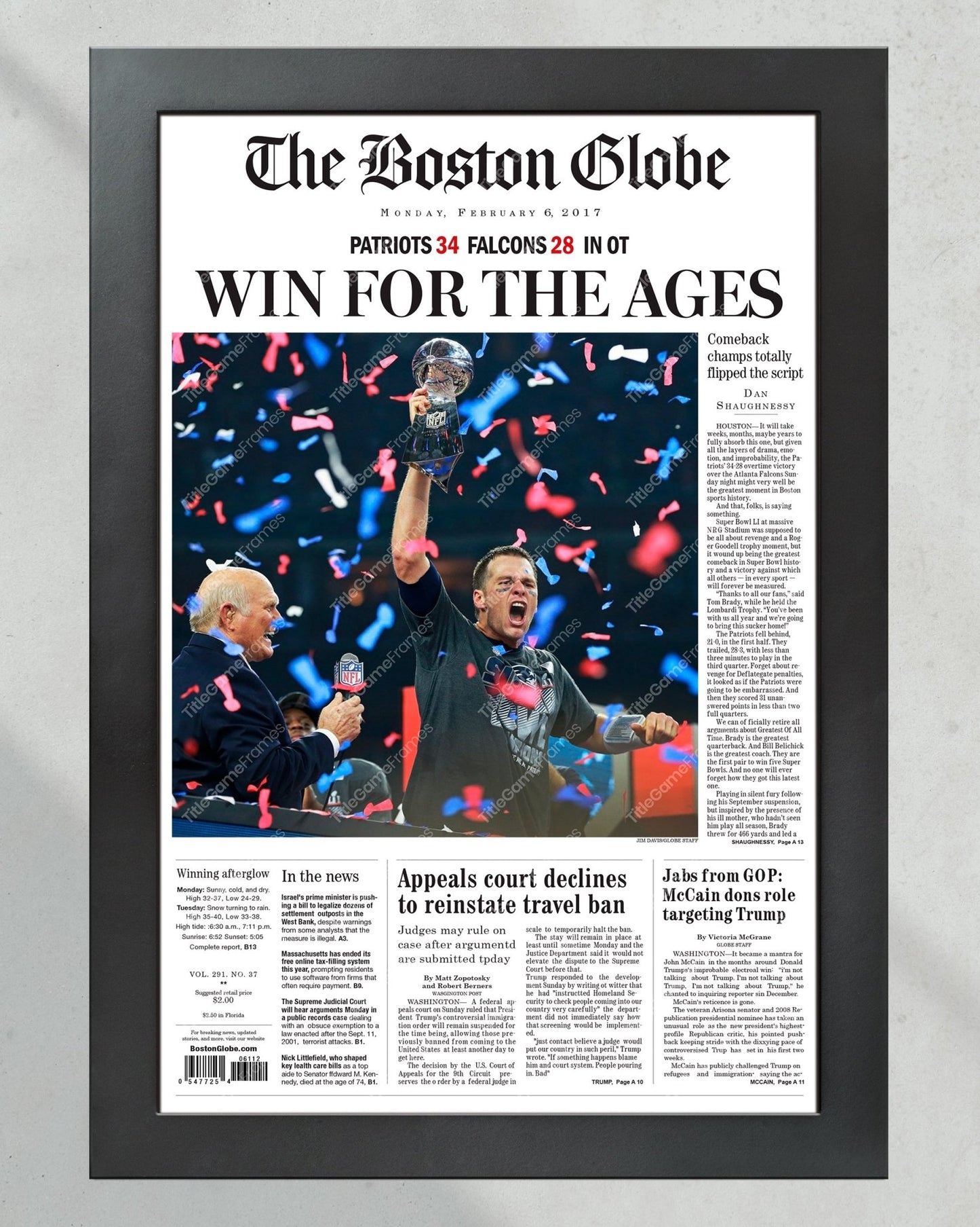 2017 New England Patriots Framed Super Bowl 51 Front Page Print, Patriots Comeback Gillette Stadium - Title Game Frames