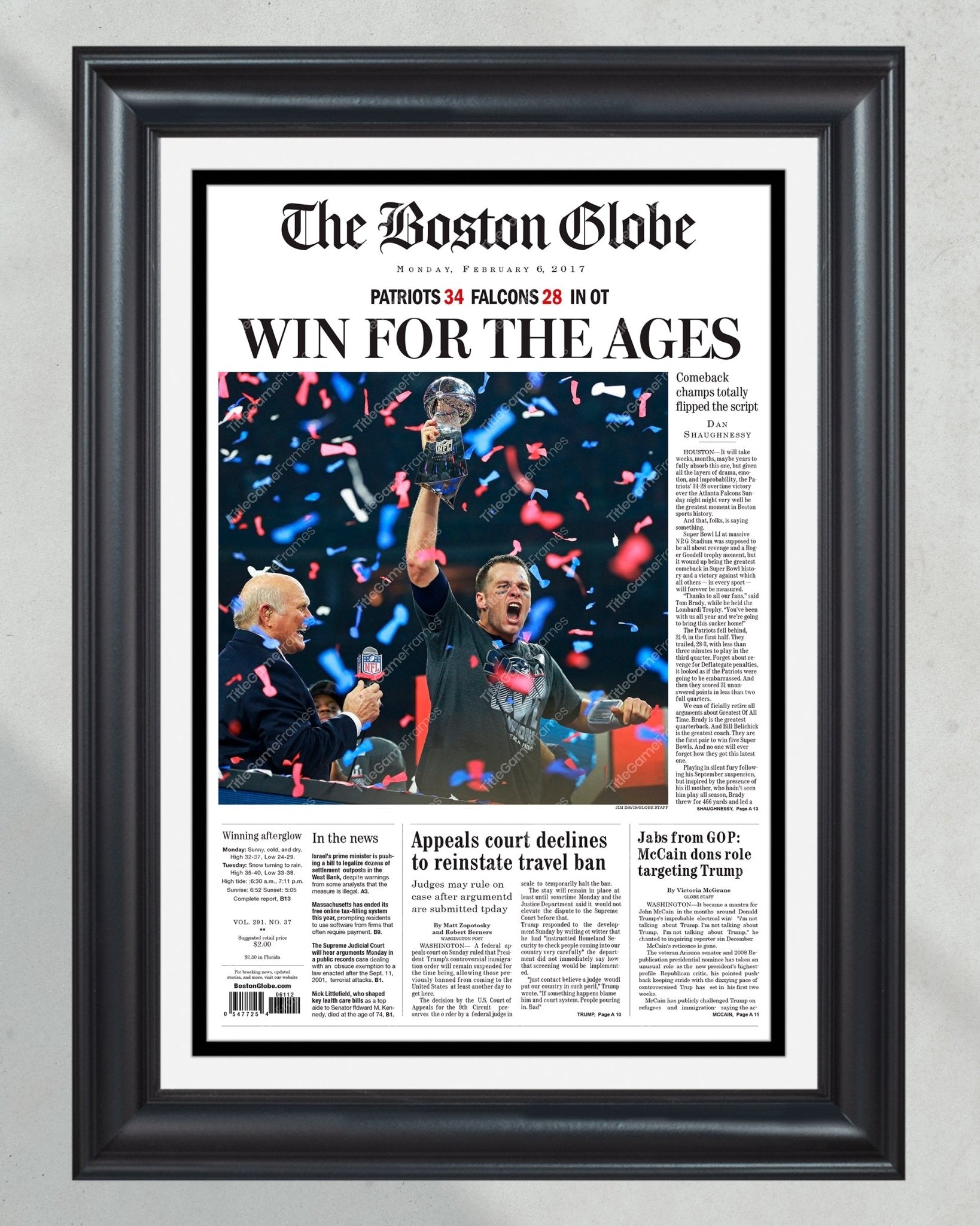 2017 New England Patriots Framed Super Bowl 51 Front Page Print, Patriots Comeback Gillette Stadium - Title Game Frames