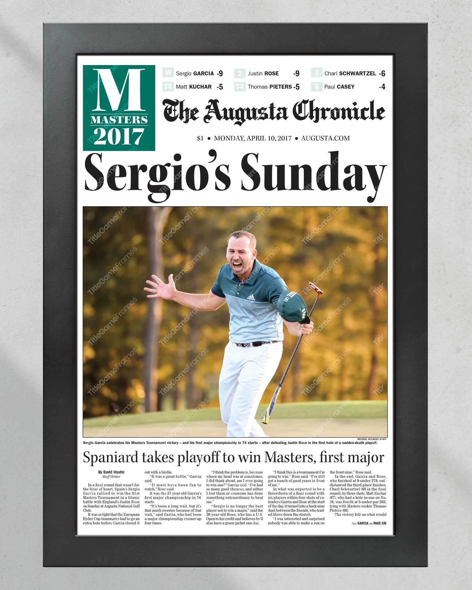 2017 PGA Masters Champion Sergio Garcia Framed Front Page Newspaper Print - Title Game Frames