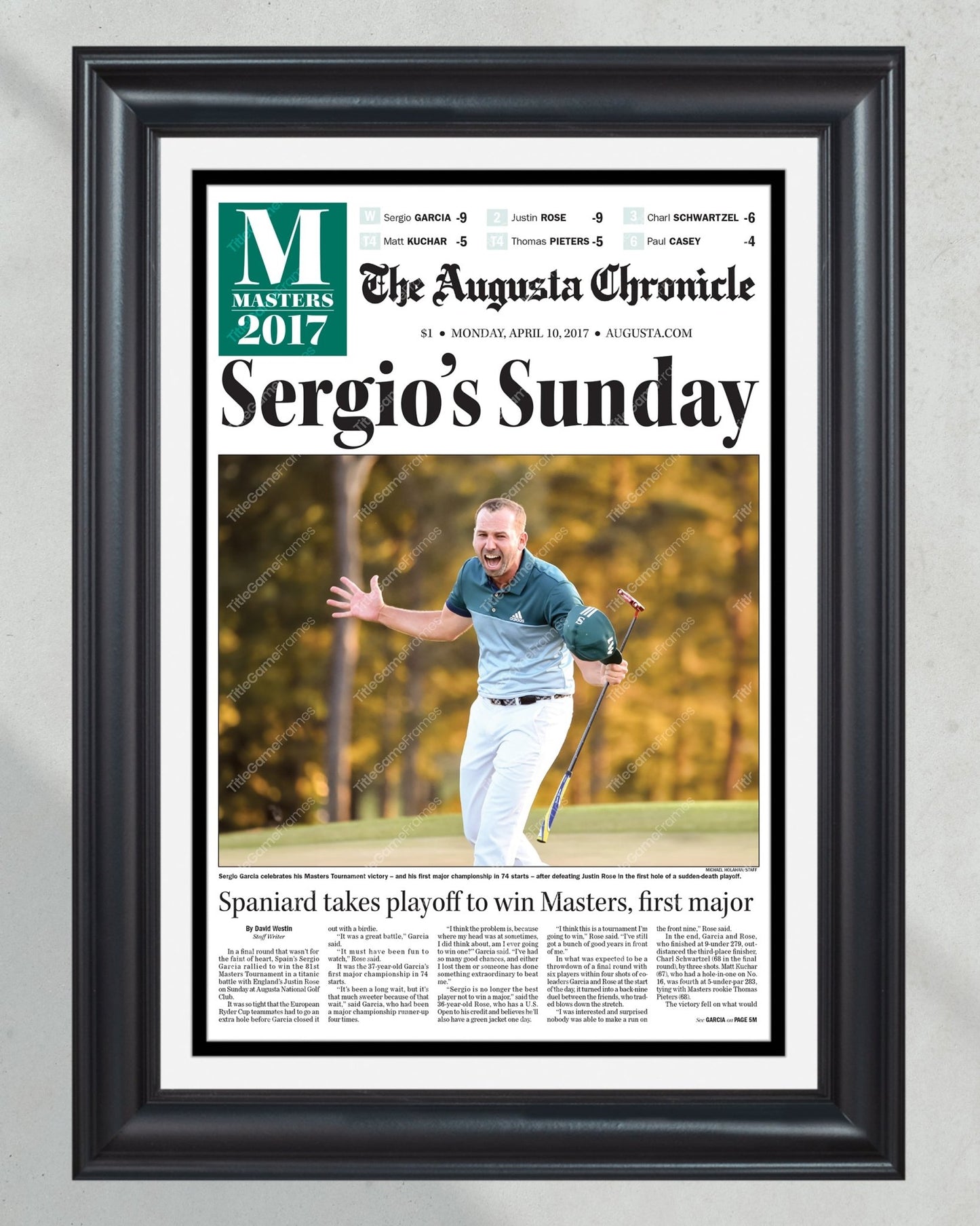 2017 PGA Masters Champion Sergio Garcia Framed Front Page Newspaper Print - Title Game Frames