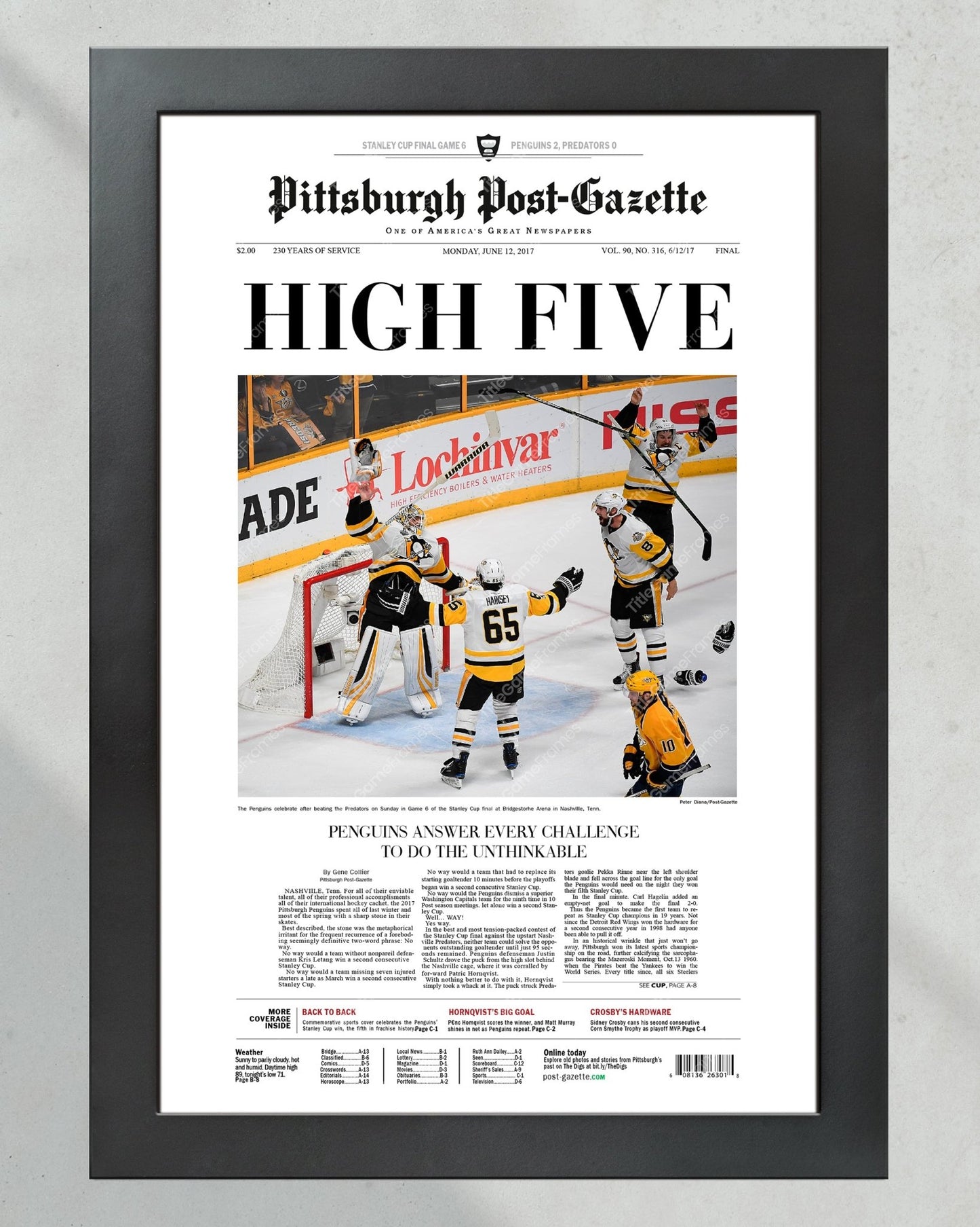 2017 Pittsburgh Penguins Stanley Cup Framed Newspaper - Title Game Frames