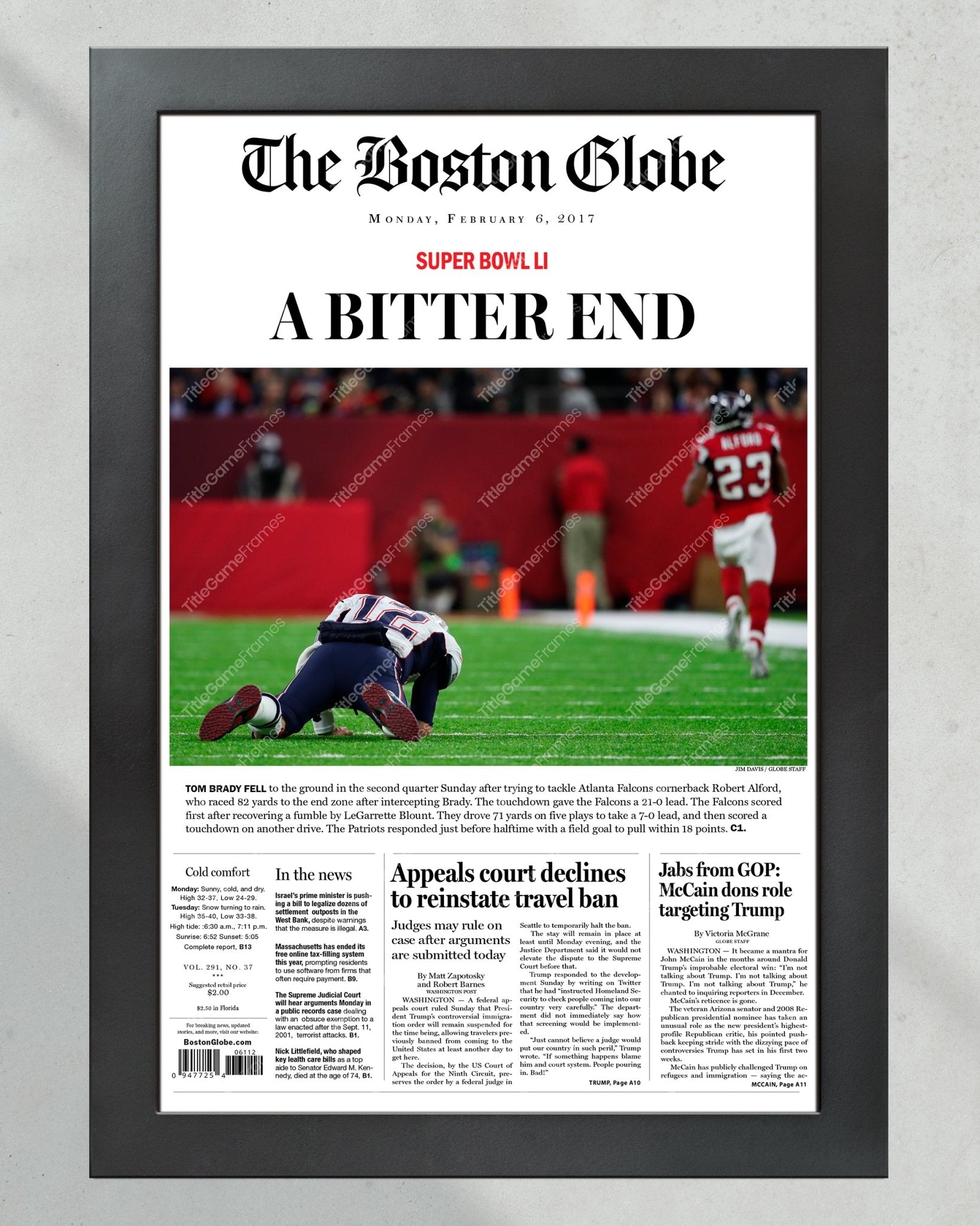 2017 Super Bowl LI 'A BITTER END' Misprint - Atlanta Falcons' Premature Victory Framed Newspaper - Title Game Frames