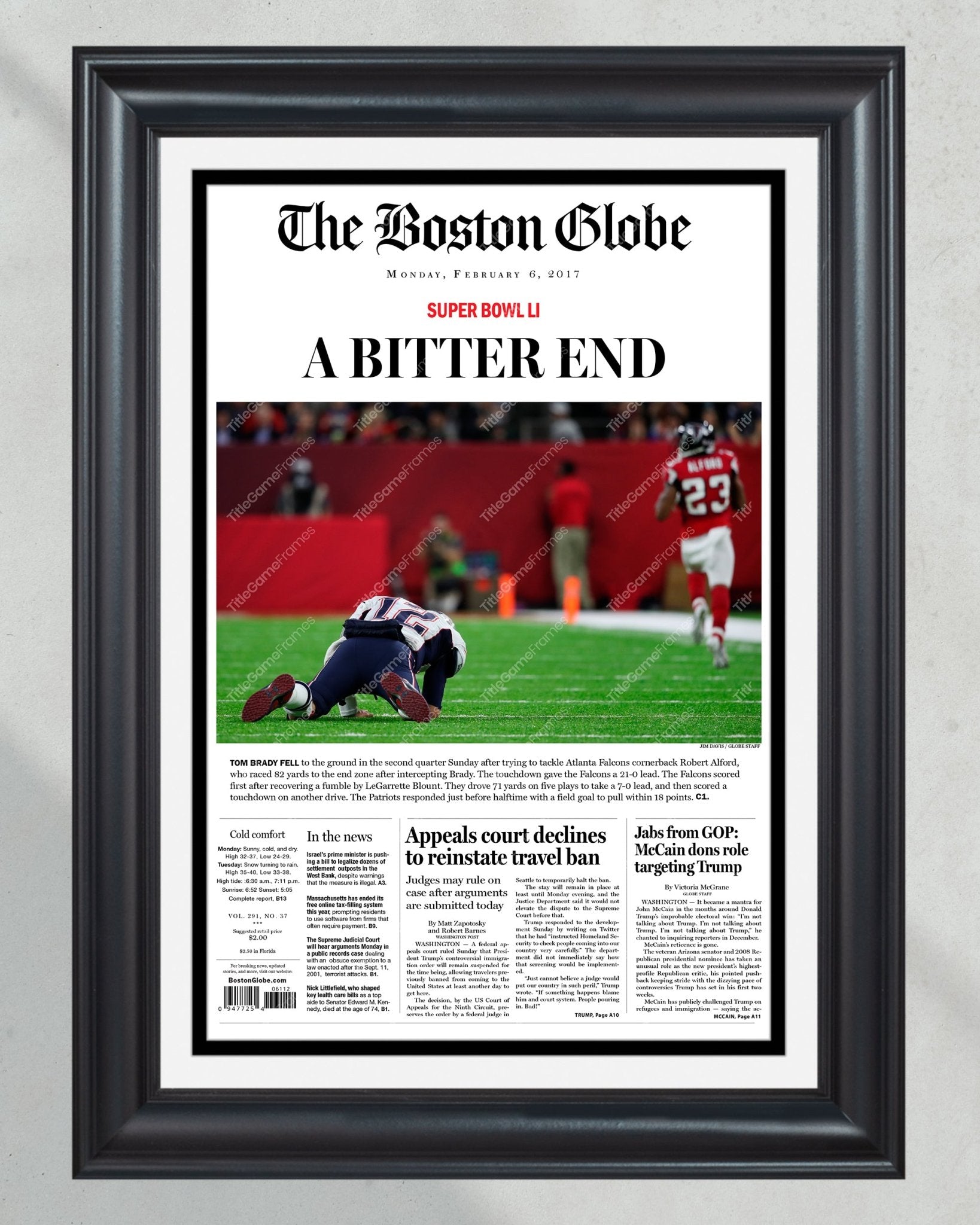 2017 Super Bowl LI 'A BITTER END' Misprint - Atlanta Falcons' Premature Victory Framed Newspaper - Title Game Frames