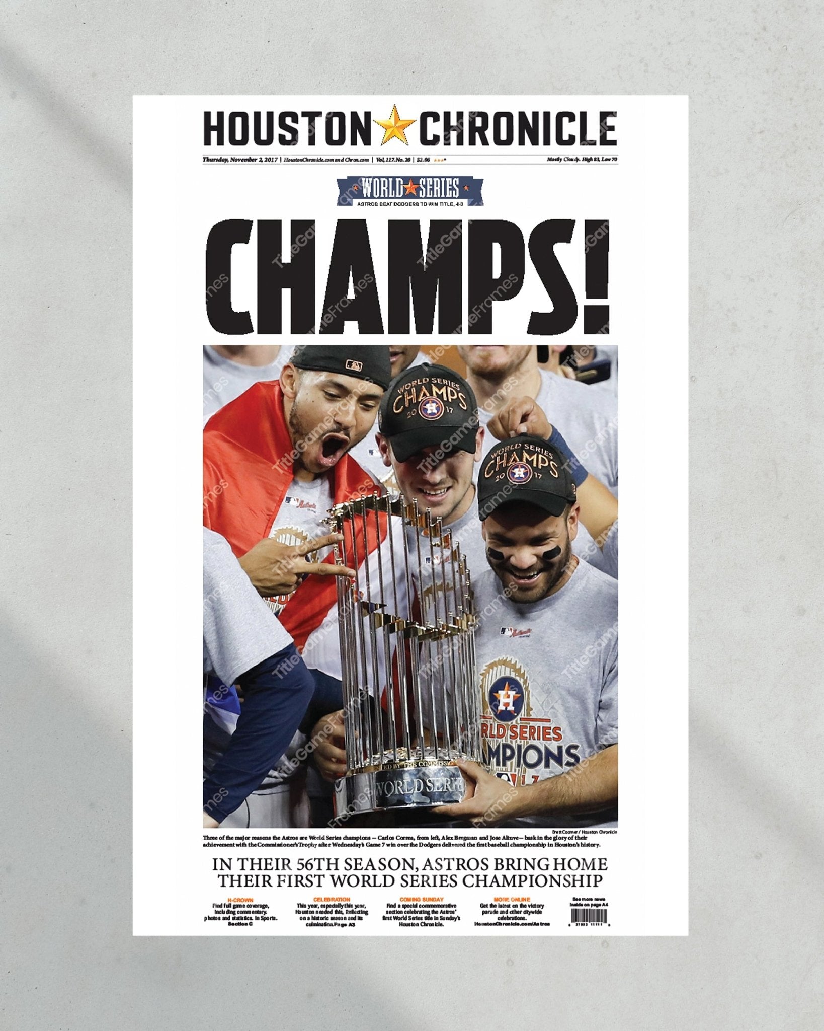 2017 World Series Houston Astros Framed Front Page Newspaper Print - Title Game Frames