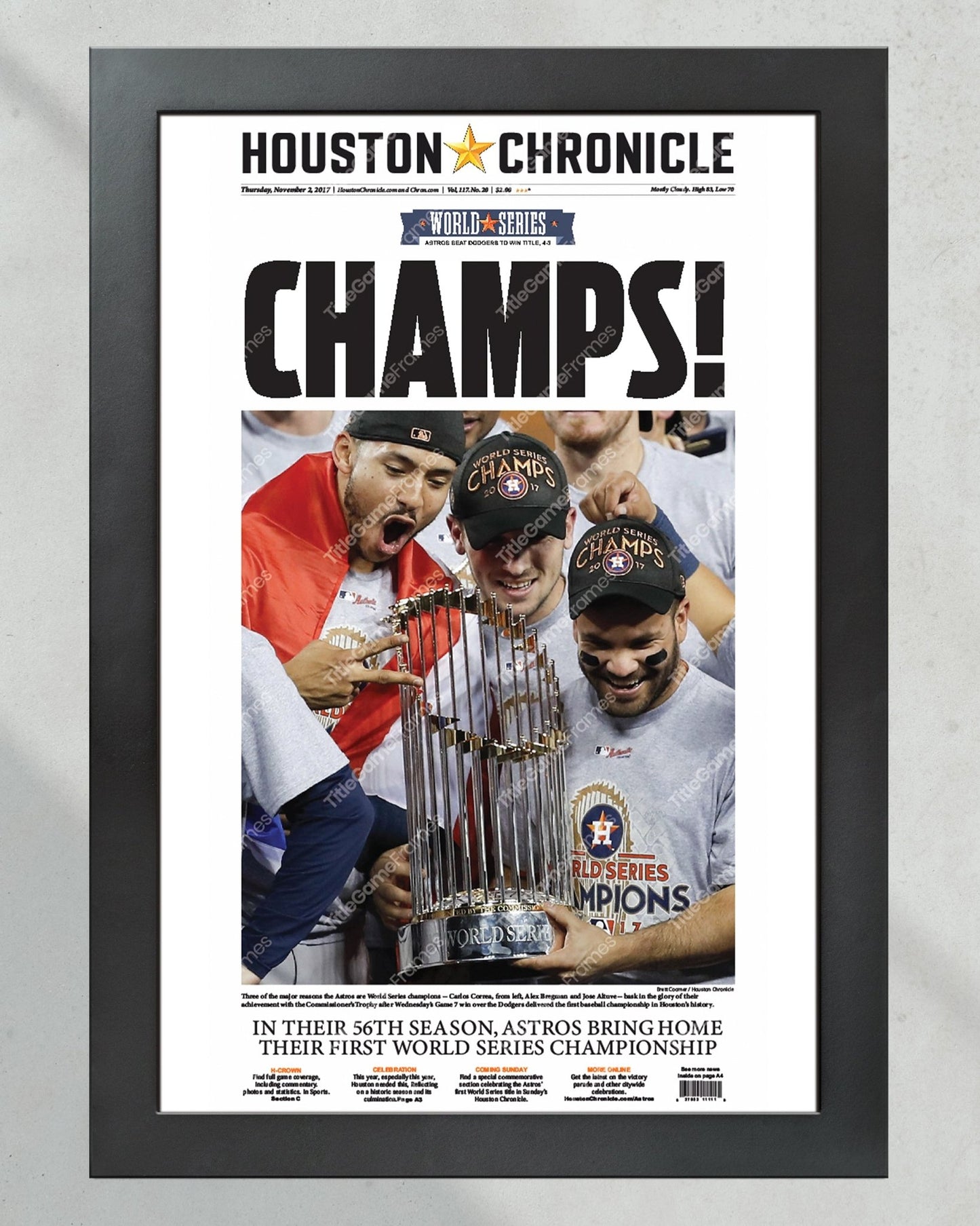 2017 World Series Houston Astros Framed Front Page Newspaper Print - Title Game Frames