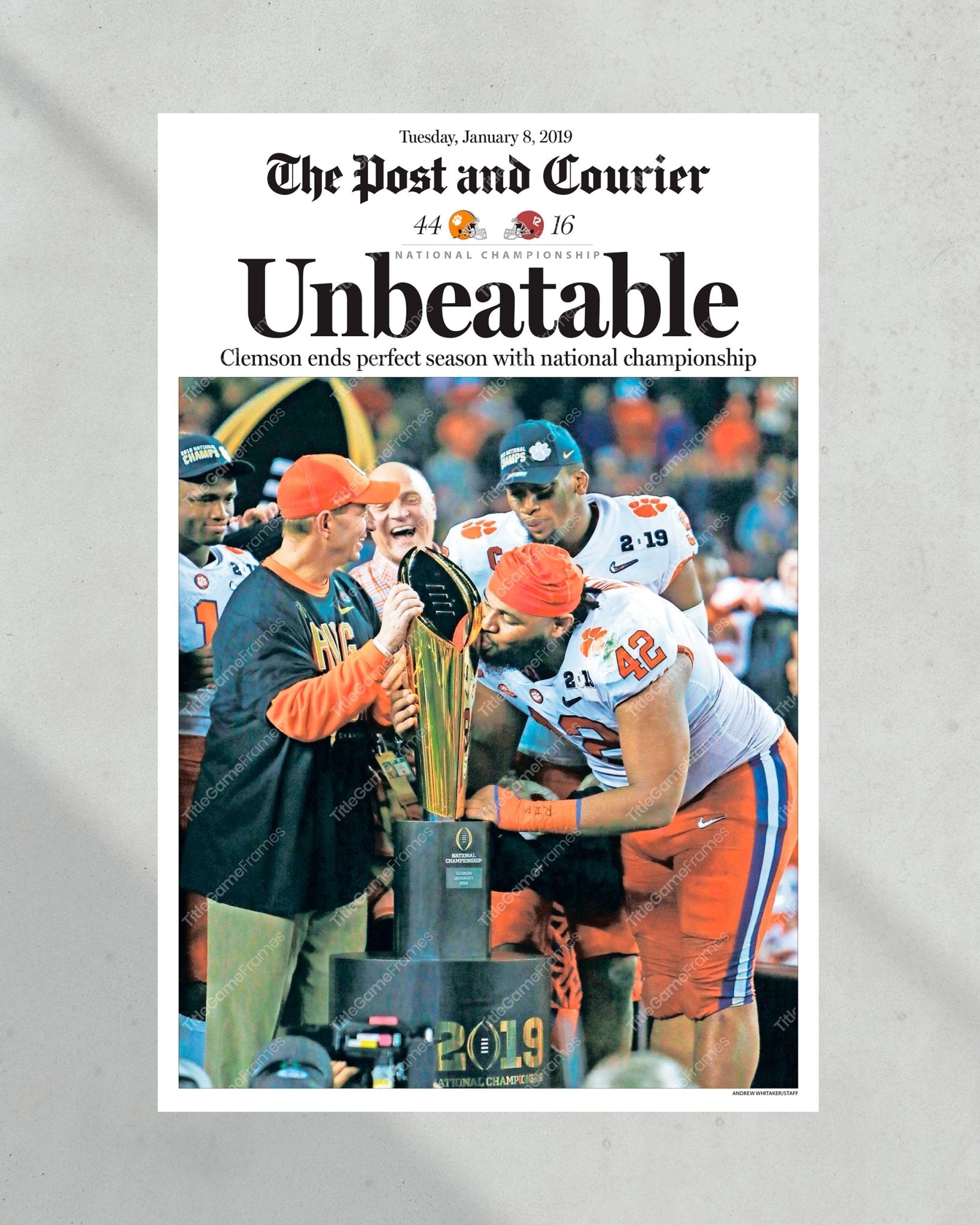 2018 Clemson Tigers NCAA College Football National Champions "Unbeatable" Framed Front Page Newspaper Print - Title Game Frames