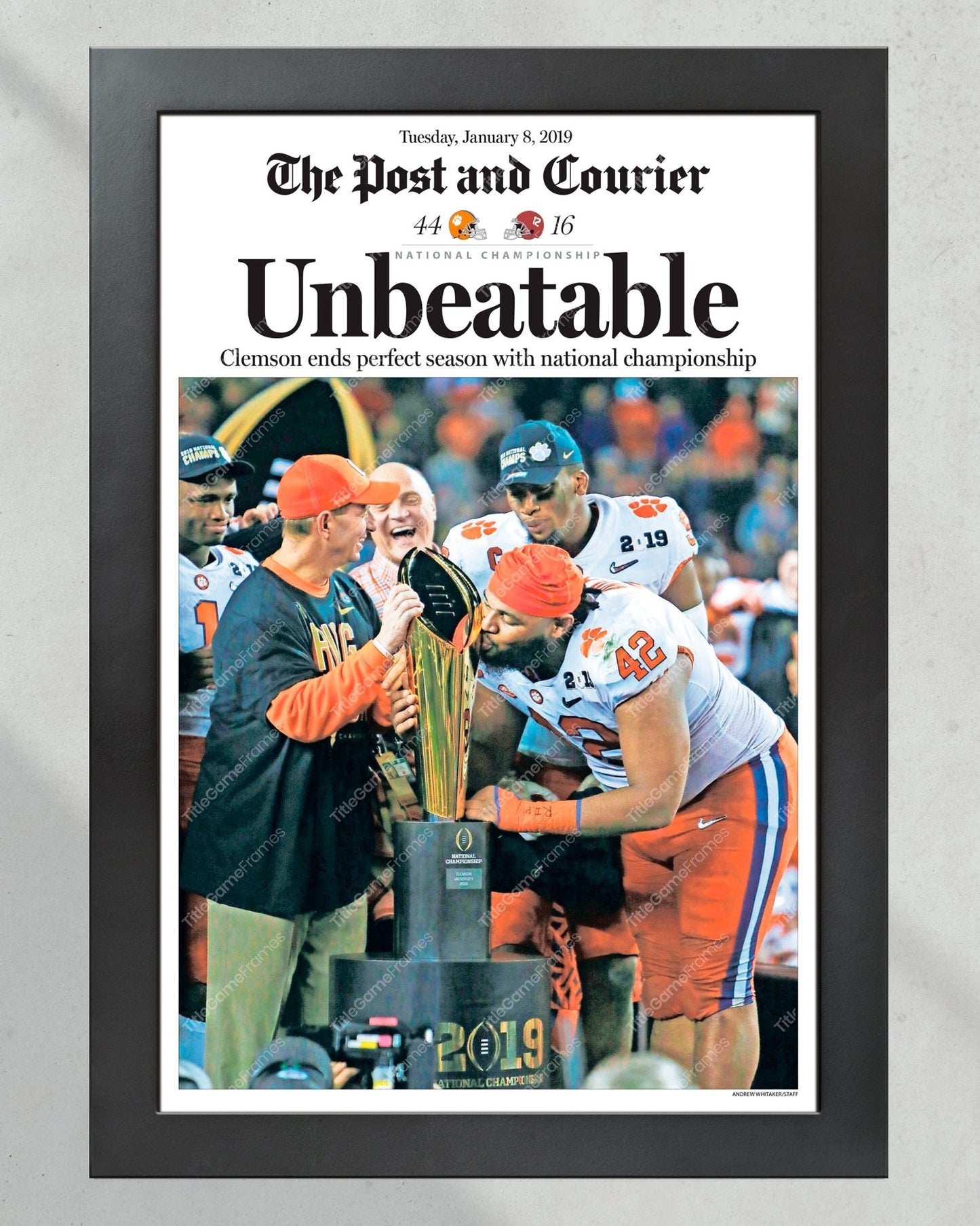 2018 Clemson Tigers NCAA College Football National Champions "Unbeatable" Framed Front Page Newspaper Print - Title Game Frames