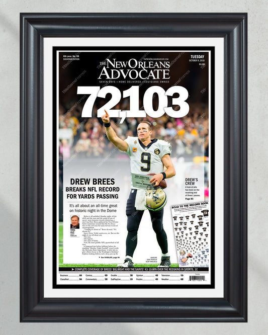 2018 Drew Brees New Orleans Saints Record Breaking Framed Front Page Newspaper Print - Title Game Frames