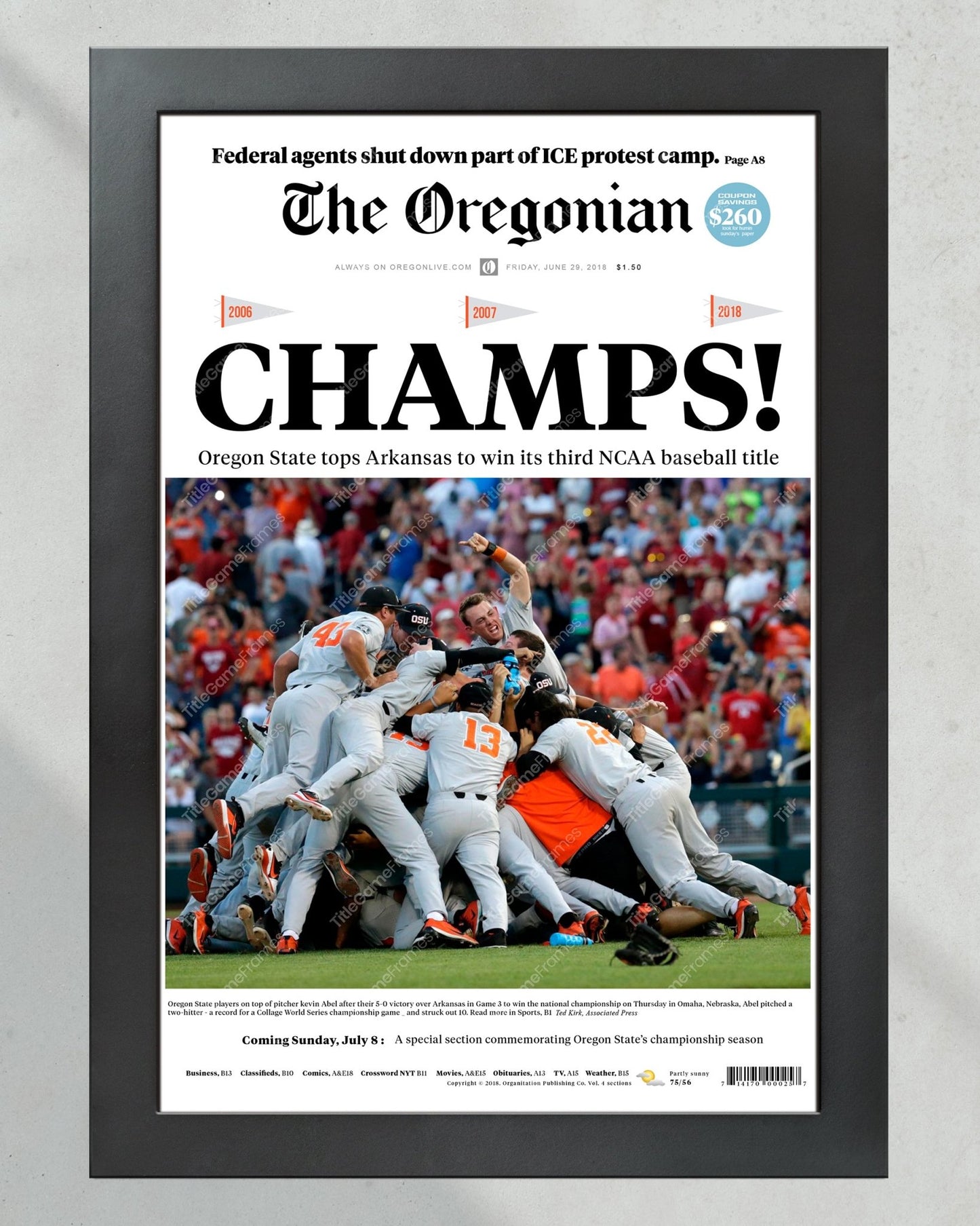 2018 Oregon State Beavers College Baseball World Series Champions Framed Front Page Newspaper Print - Title Game Frames