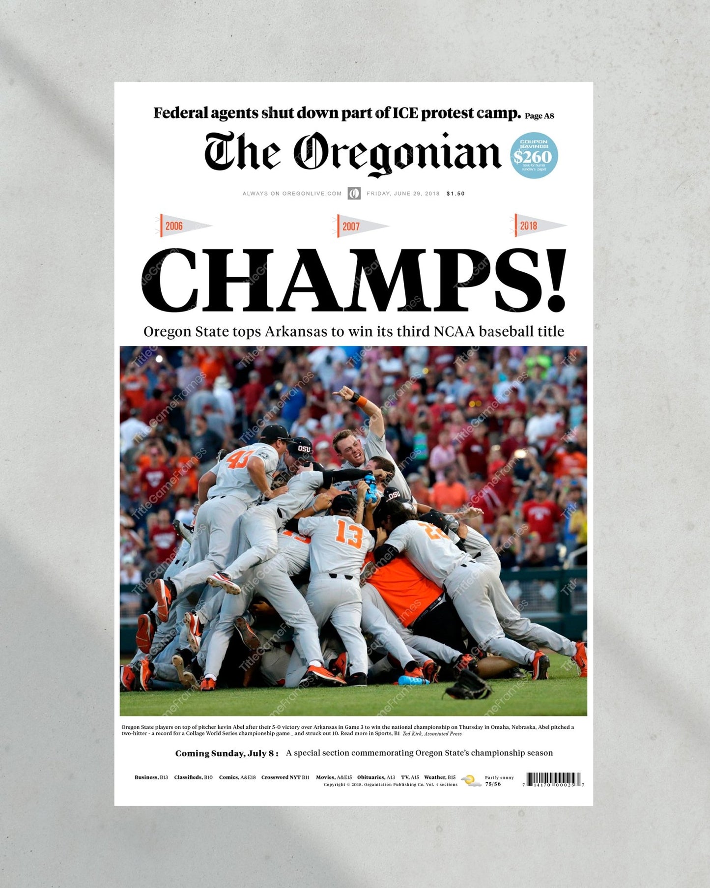 2018 Oregon State Beavers College Baseball World Series Champions Framed Front Page Newspaper Print - Title Game Frames